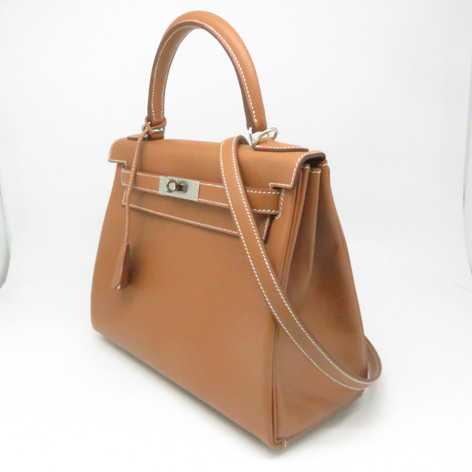 HERMES 【激減優惠】Evercolor皮革Kelly 28銀扣手挽肩背兩用袋經典駝色