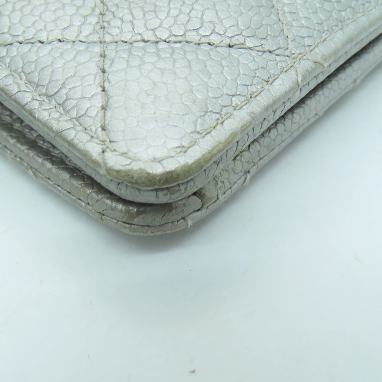 CHANEL 菱格Caviar皮革Long Wallet银扣长钱包银色