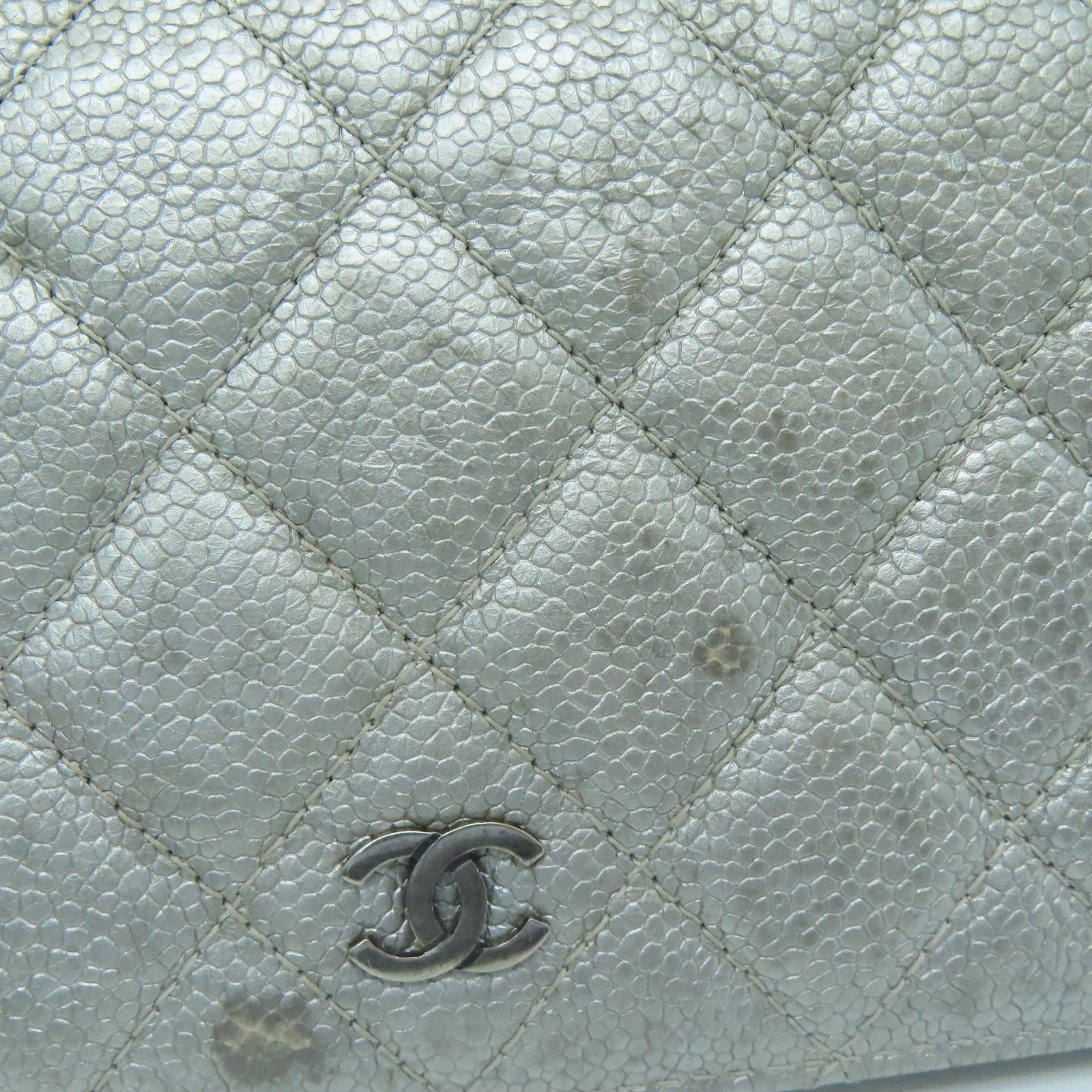CHANEL 菱格Caviar皮革Long Wallet银扣长钱包银色