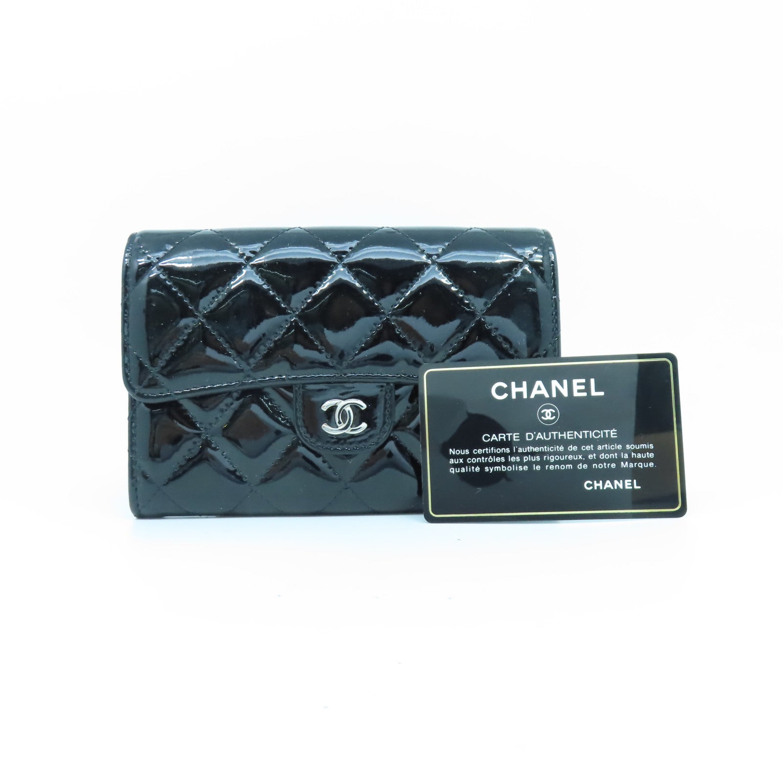 CHANEL 菱格漆皮皮革Wallet銀扣錢包黑色