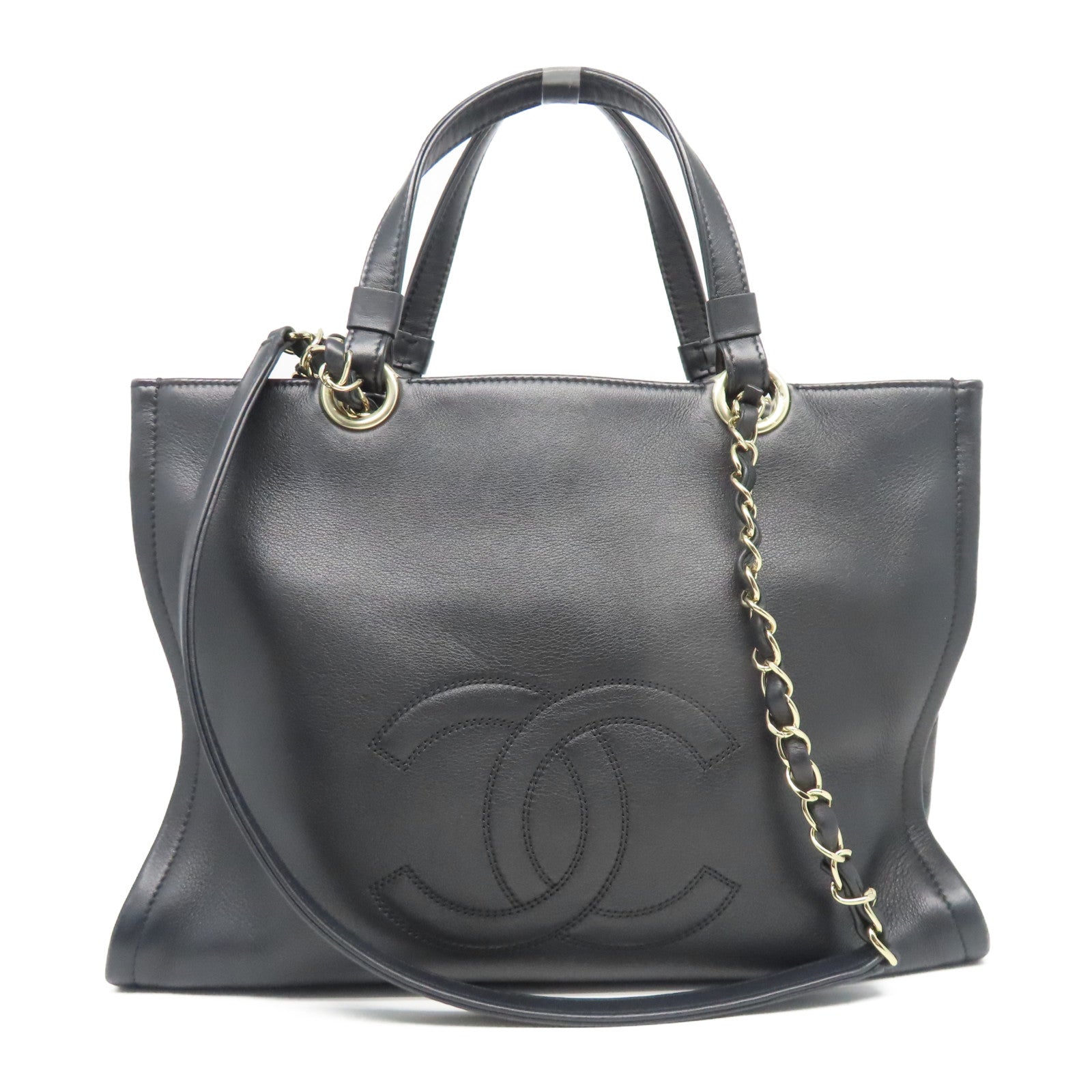CHANEL 羊皮皮革Totebag金扣链带手挽肩背两用袋黑色