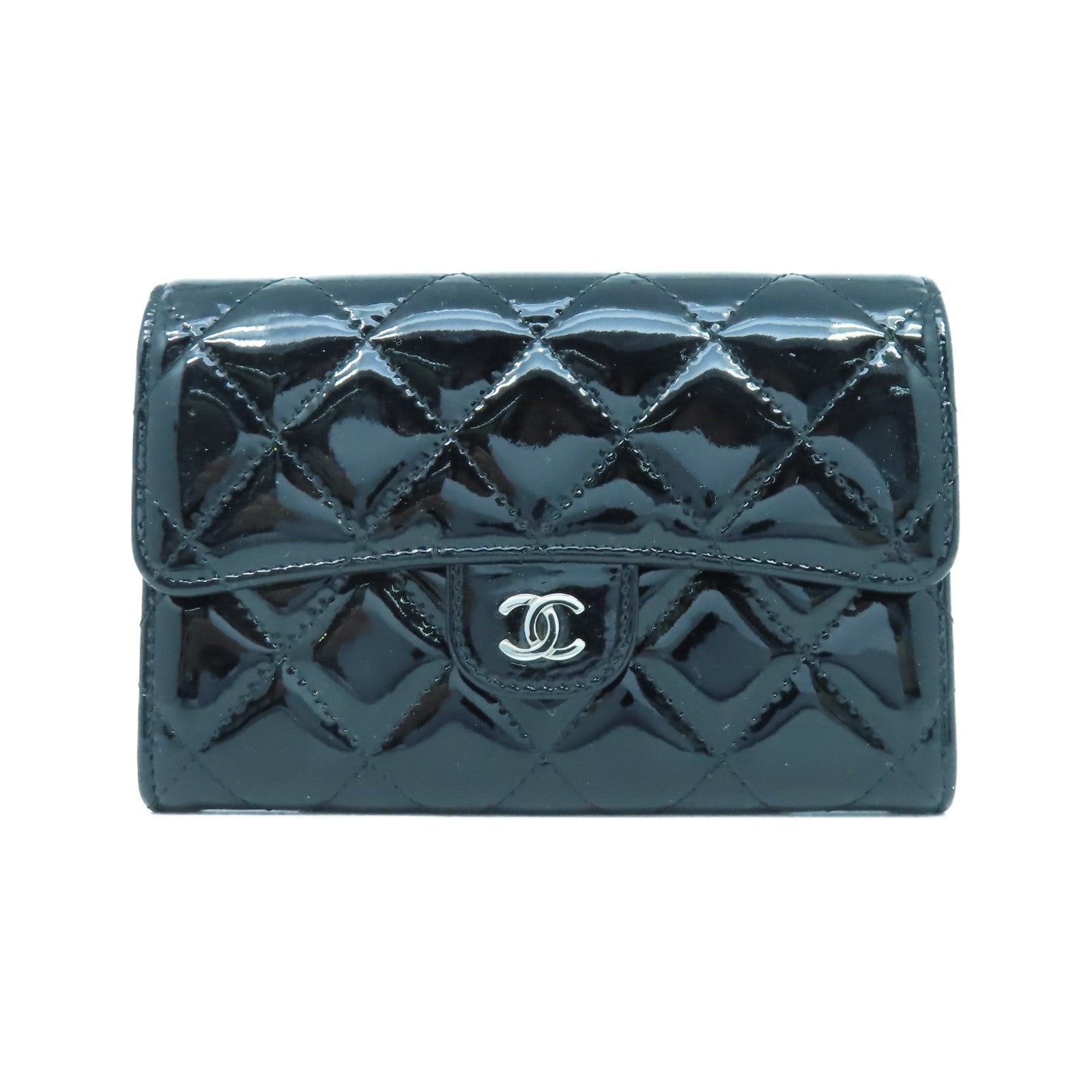 CHANEL 菱格漆皮皮革Wallet銀扣錢包黑色