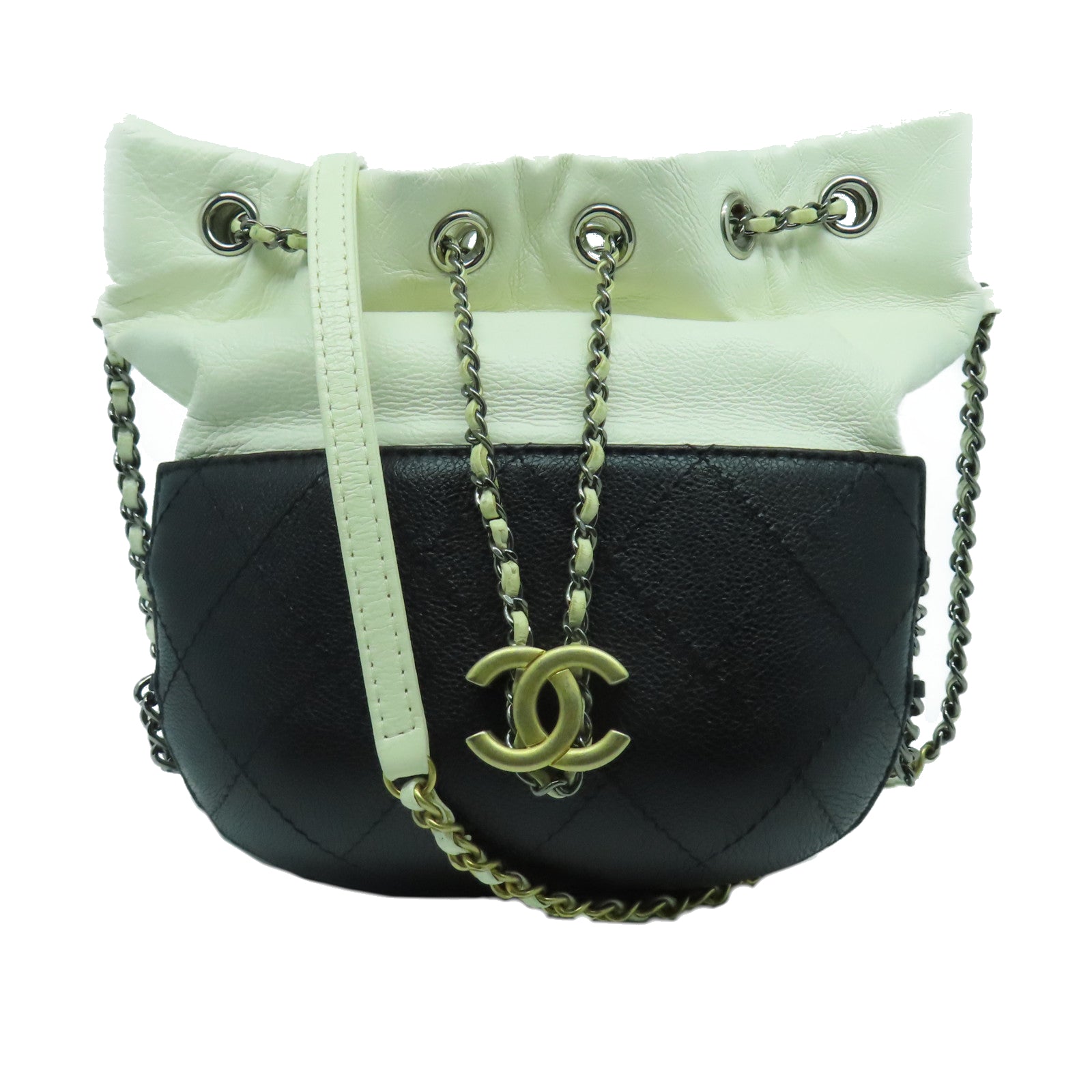 CHANEL 菱格牛皮皮革Chain Shoulder Bag銀扣鏈帶肩背袋黑色/白色