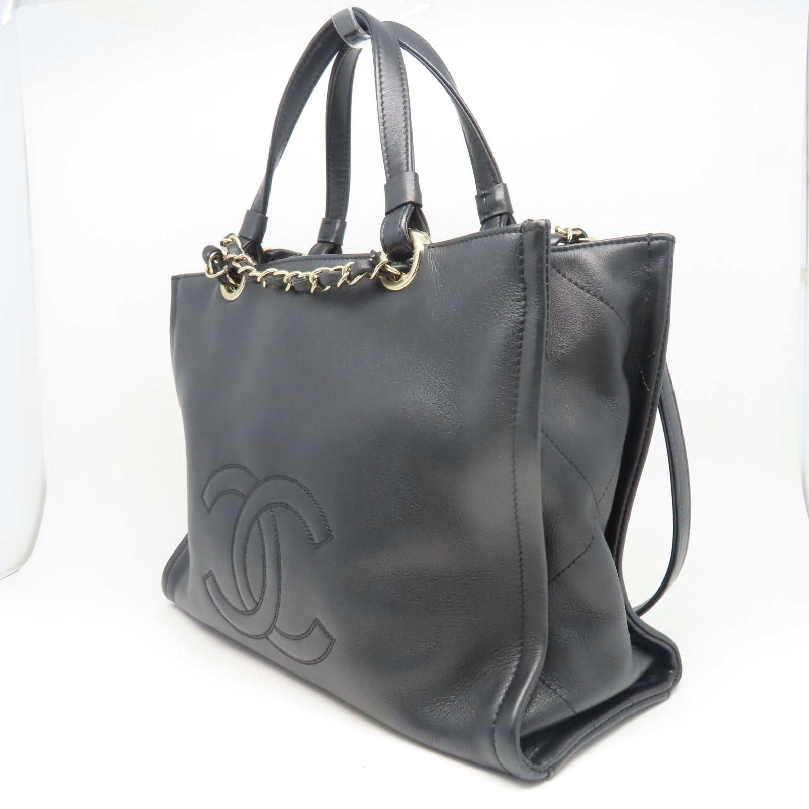 CHANEL 羊皮皮革Totebag金扣链带手挽肩背两用袋黑色