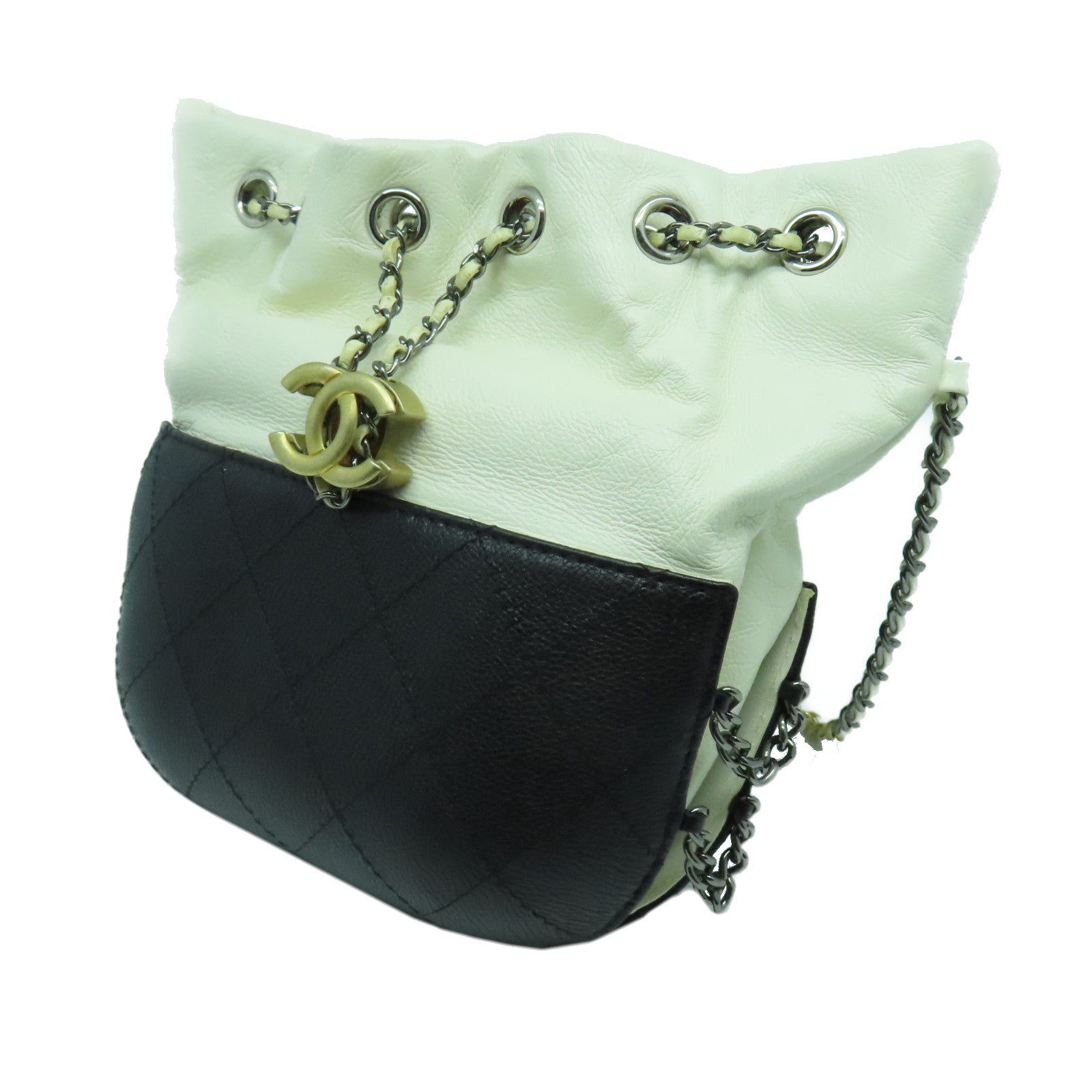 CHANEL 菱格牛皮皮革Chain Shoulder Bag銀扣鏈帶肩背袋黑色/白色
