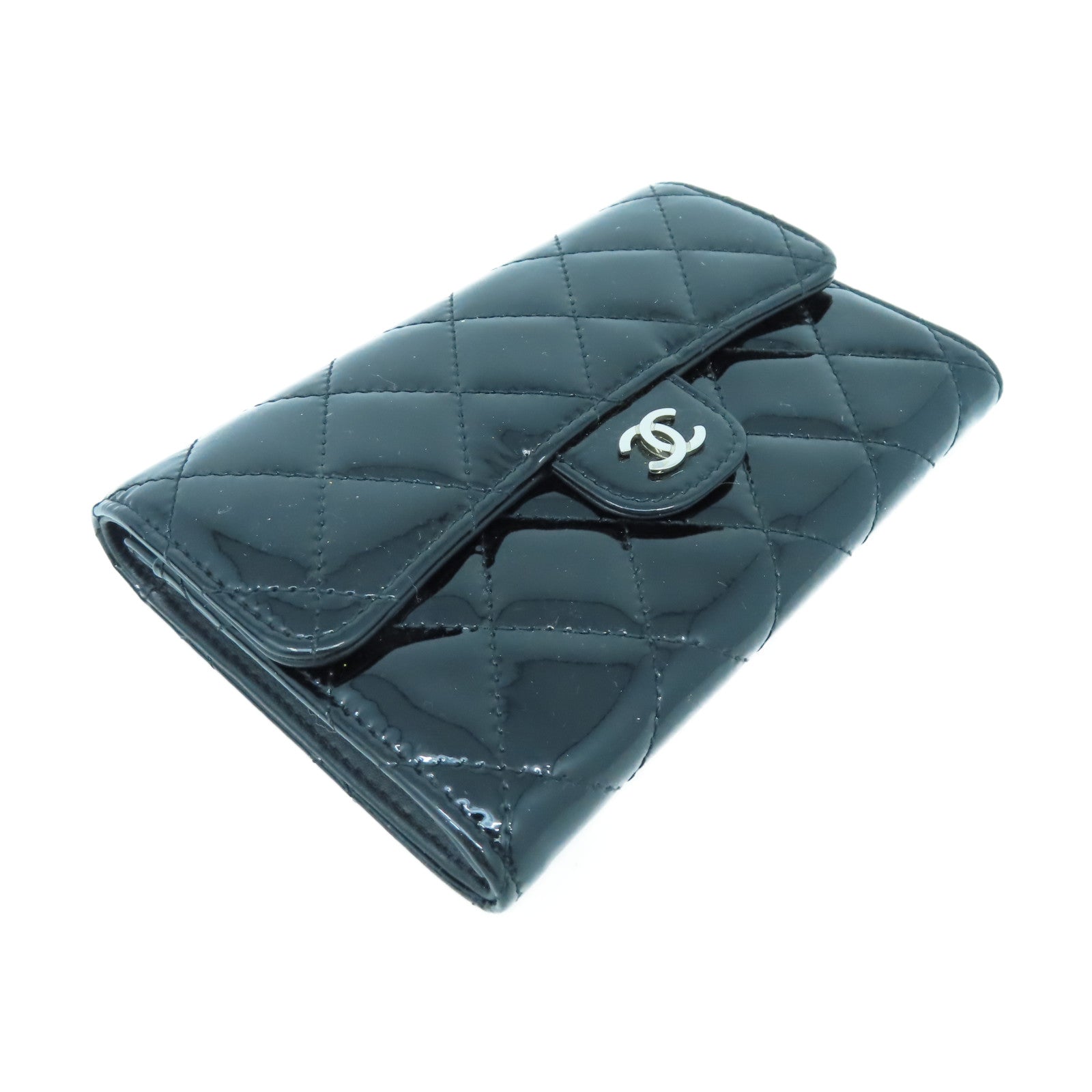 CHANEL 菱格漆皮皮革Wallet銀扣錢包黑色