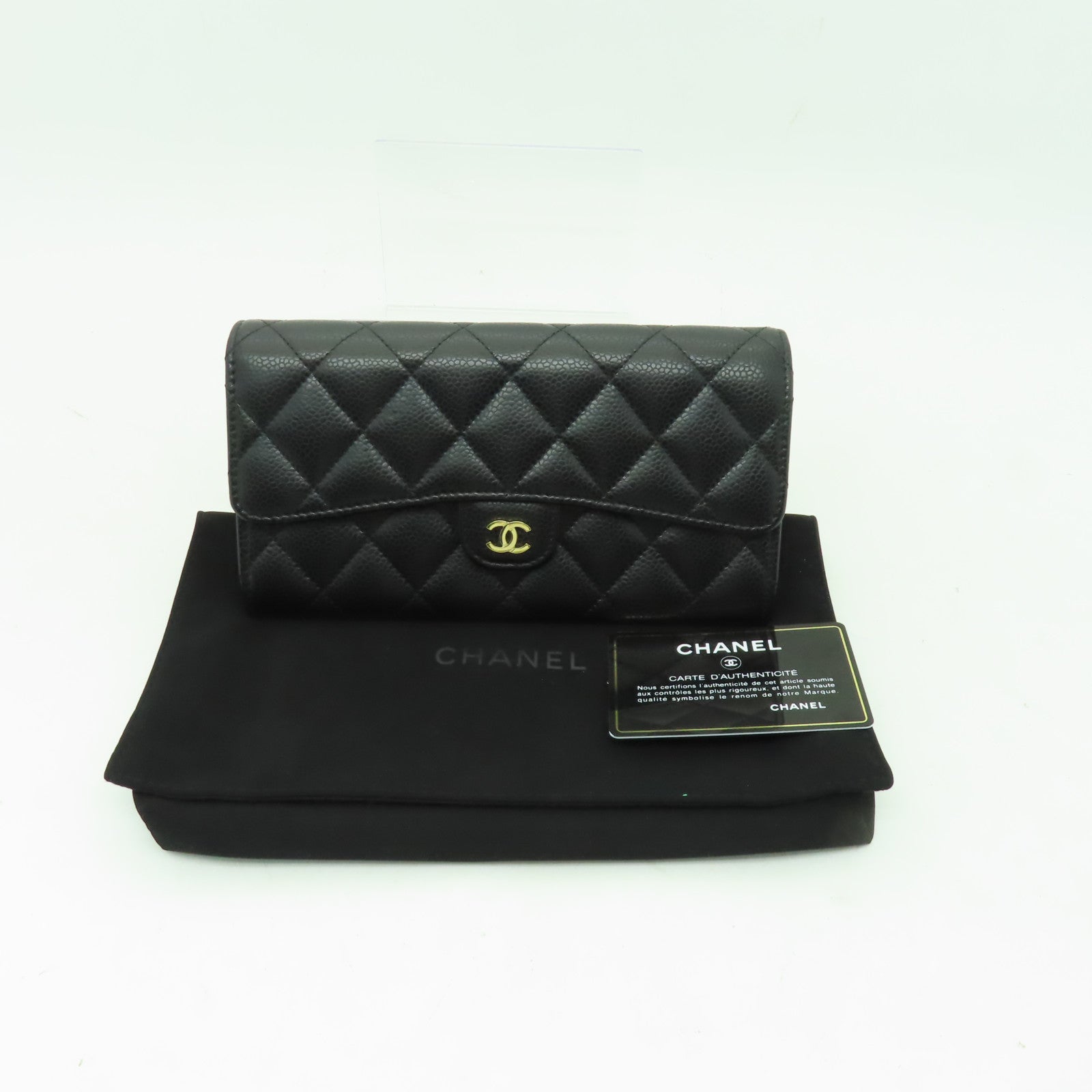CHANEL 菱格Caviar皮革Long Wallet金扣長錢包黑色