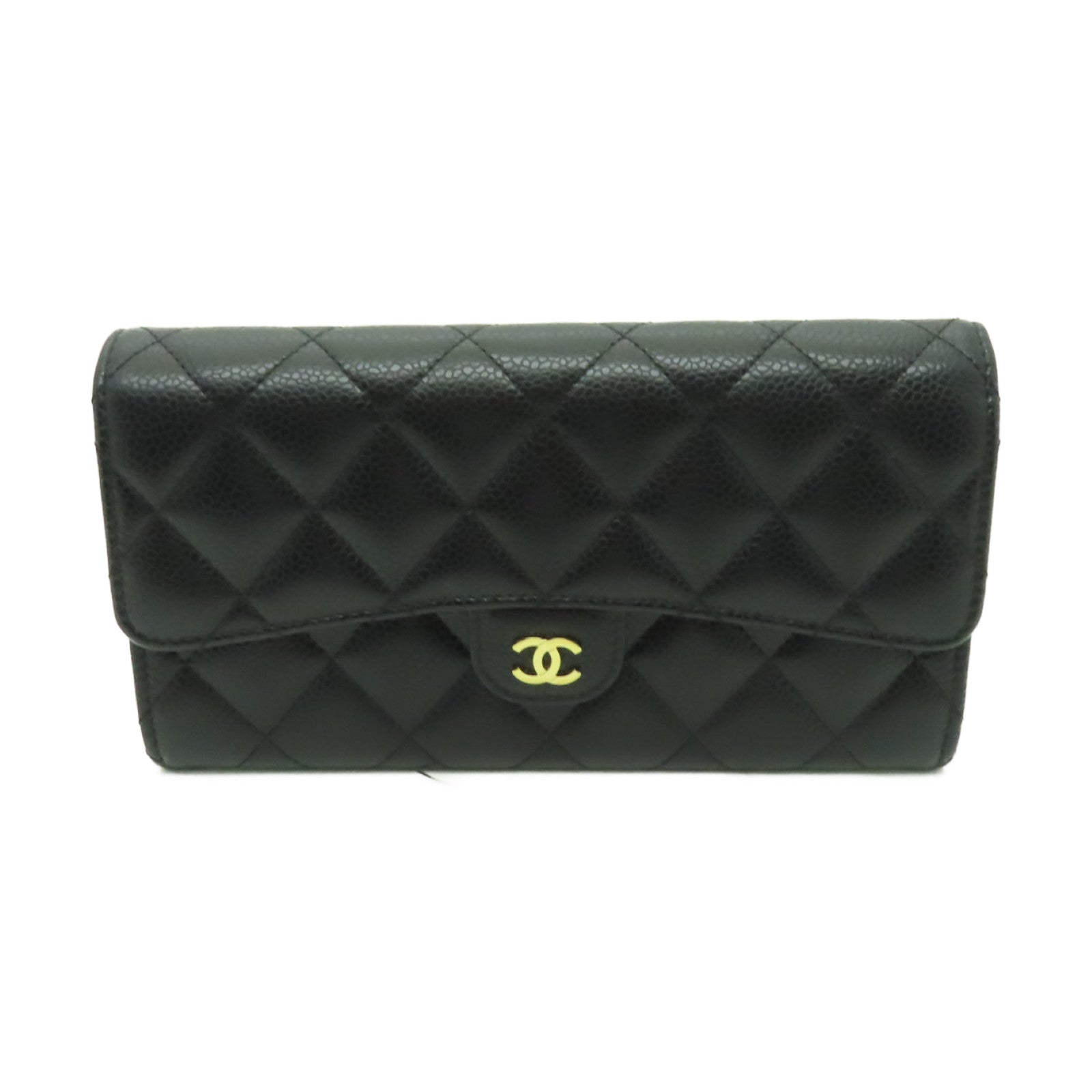 CHANEL 菱格Caviar皮革Long Wallet金扣長錢包黑色