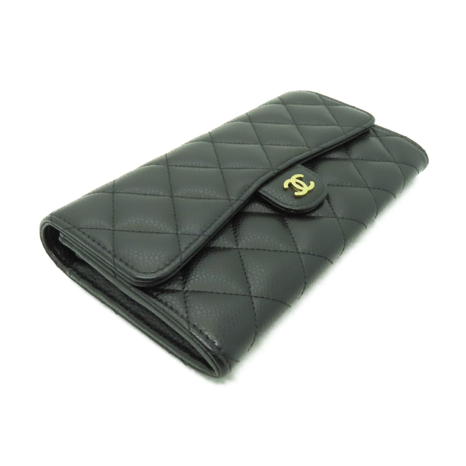CHANEL 菱格Caviar皮革Long Wallet金扣長錢包黑色