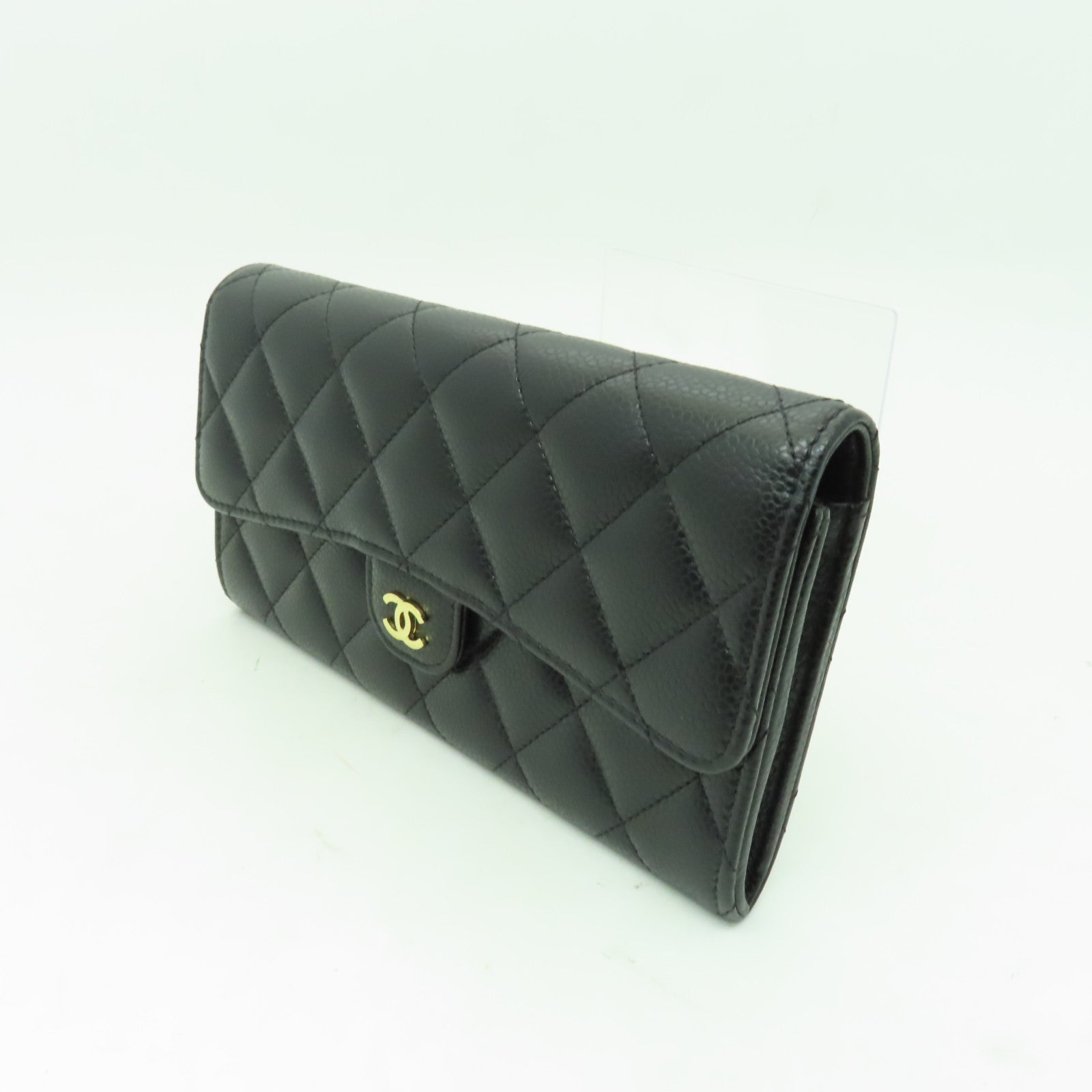 CHANEL 菱格Caviar皮革Long Wallet金扣長錢包黑色