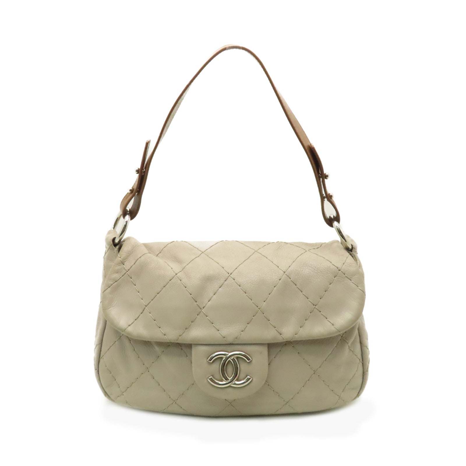 CHANEL 【激減優惠】菱格牛皮皮革Shoulder Bag銀扣肩背袋米色