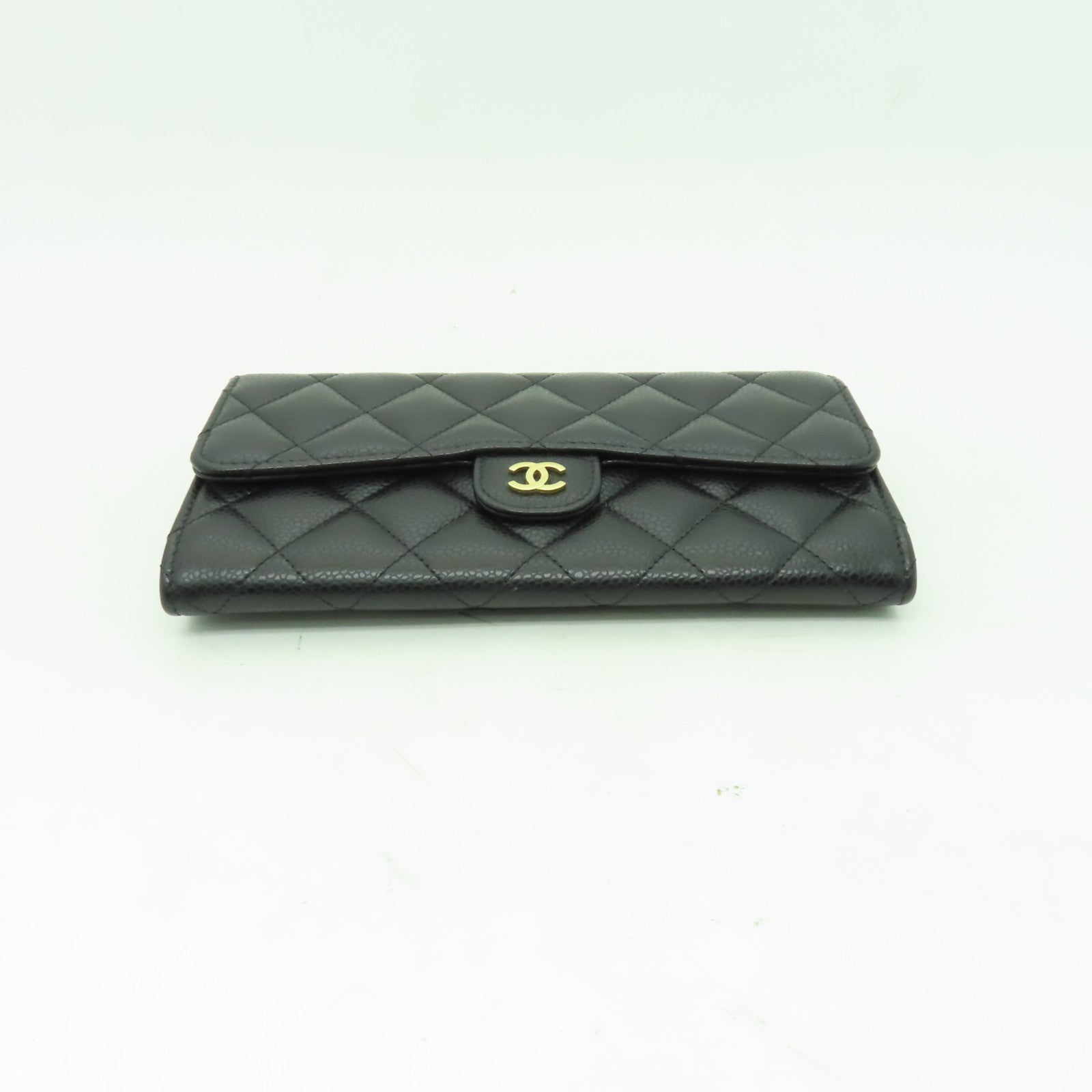 CHANEL 菱格Caviar皮革Long Wallet金扣長錢包黑色
