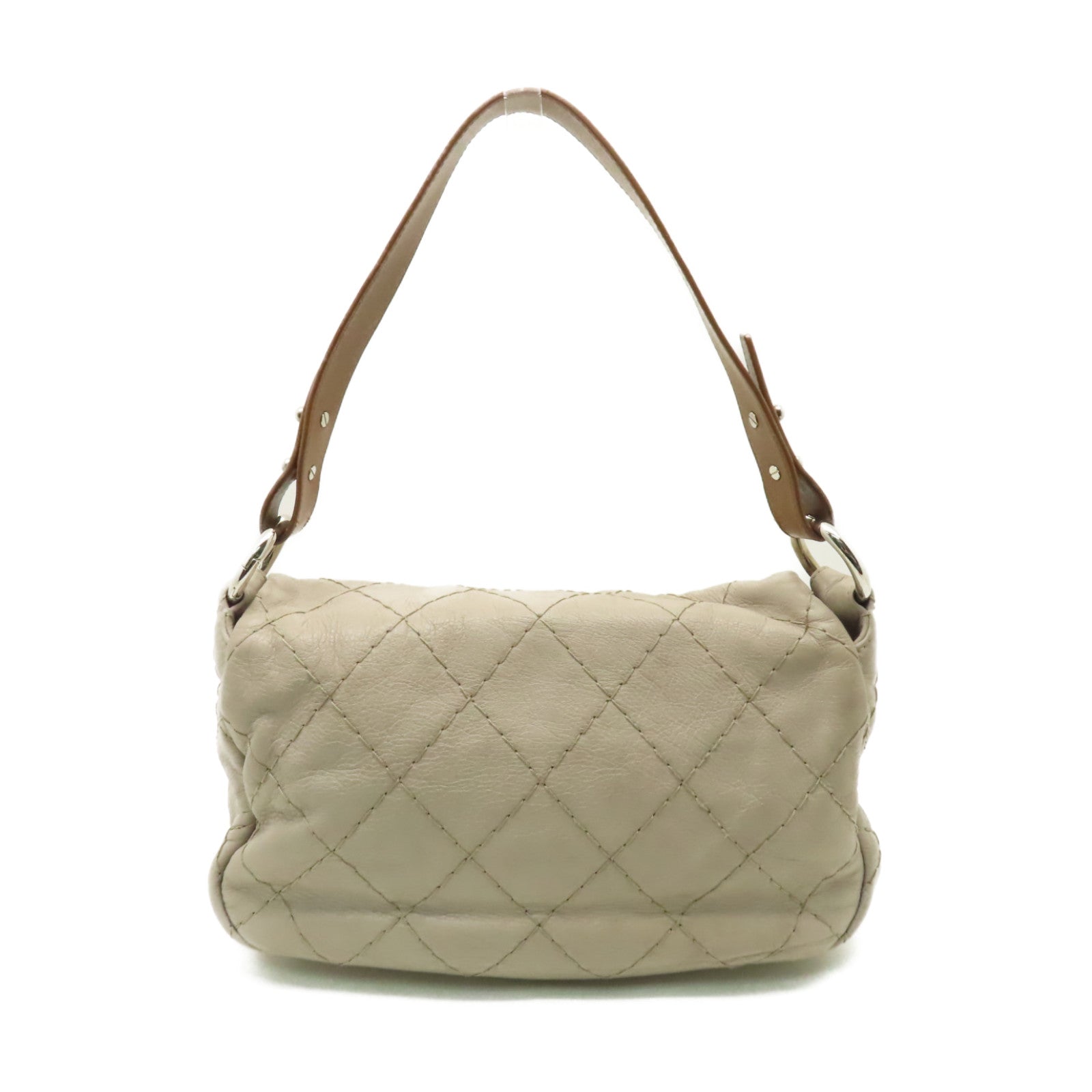 CHANEL 【激減優惠】菱格牛皮皮革Shoulder Bag銀扣肩背袋米色