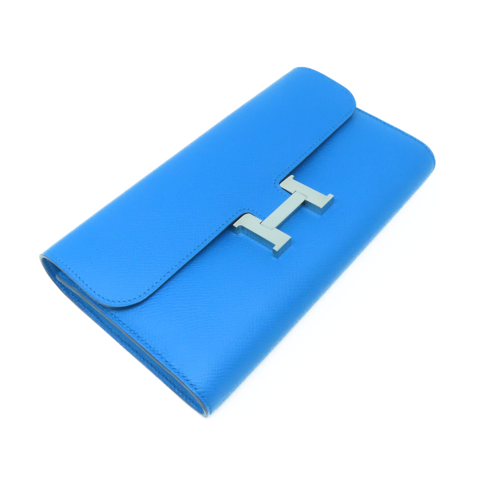 HERMES Epsom皮革Constance Long Wallet銀扣長錢包藍色