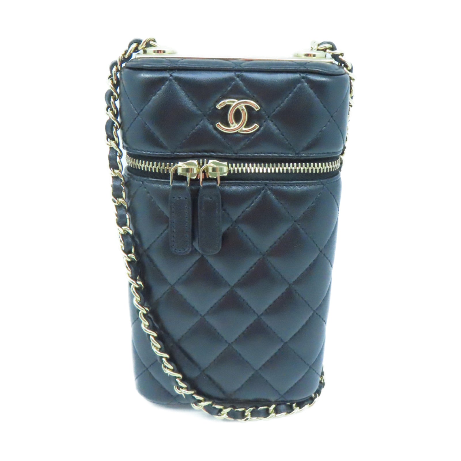 CHANEL 菱格羊皮皮革Chain Shoulder Bag金扣鏈帶肩背袋黑色