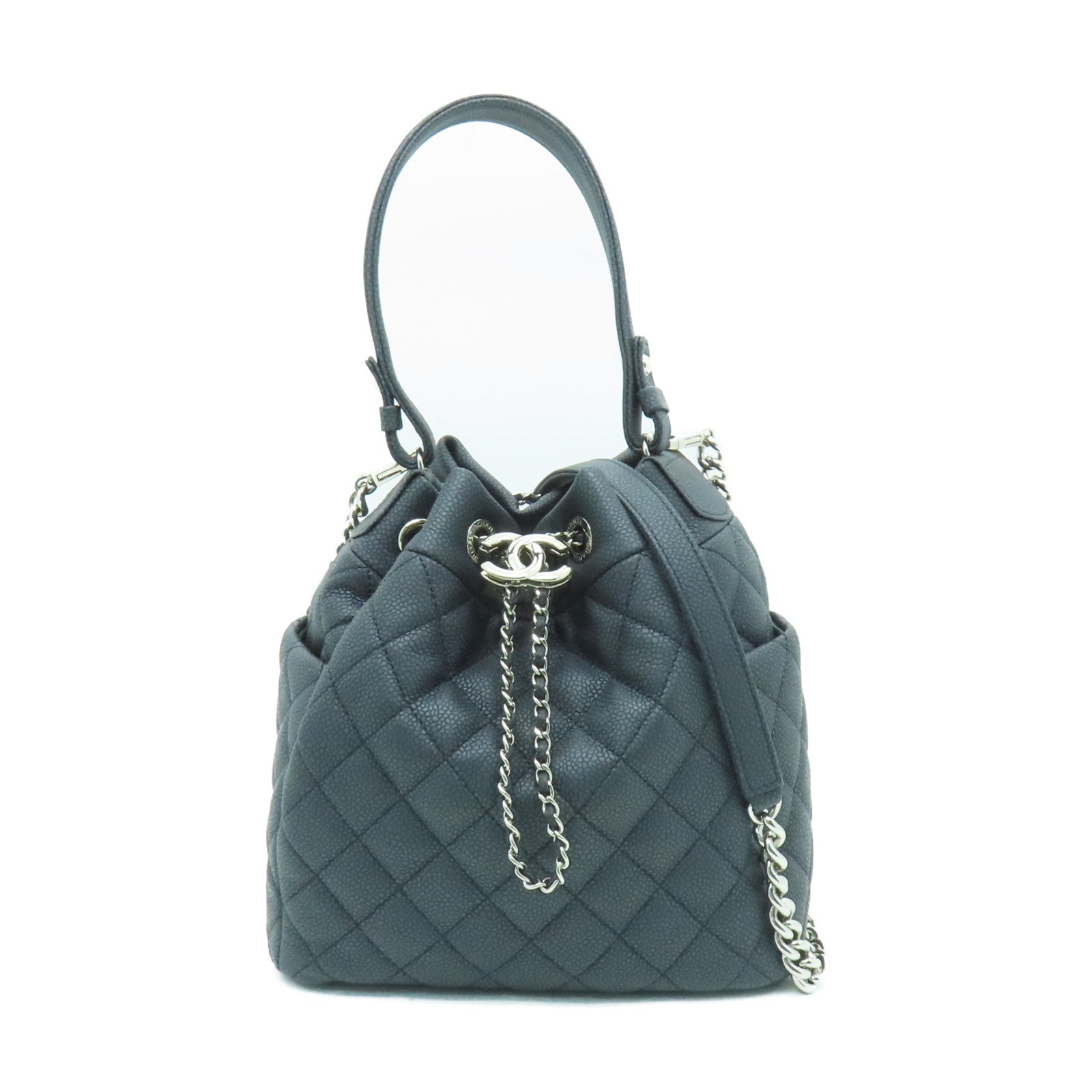 CHANEL 菱格牛皮皮革Chain Shoulder Bag銀扣鏈帶肩背袋灰色