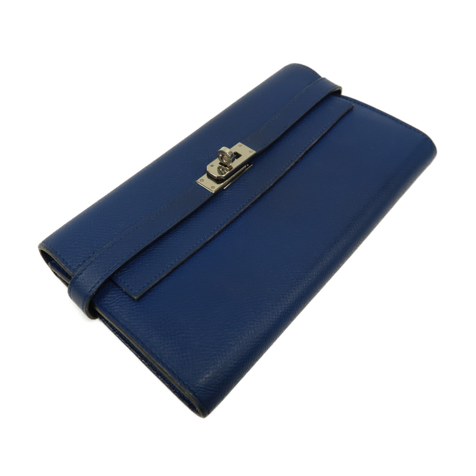 HERMES Epsom皮革Kelly Wallet銀扣長錢包電光藍色
