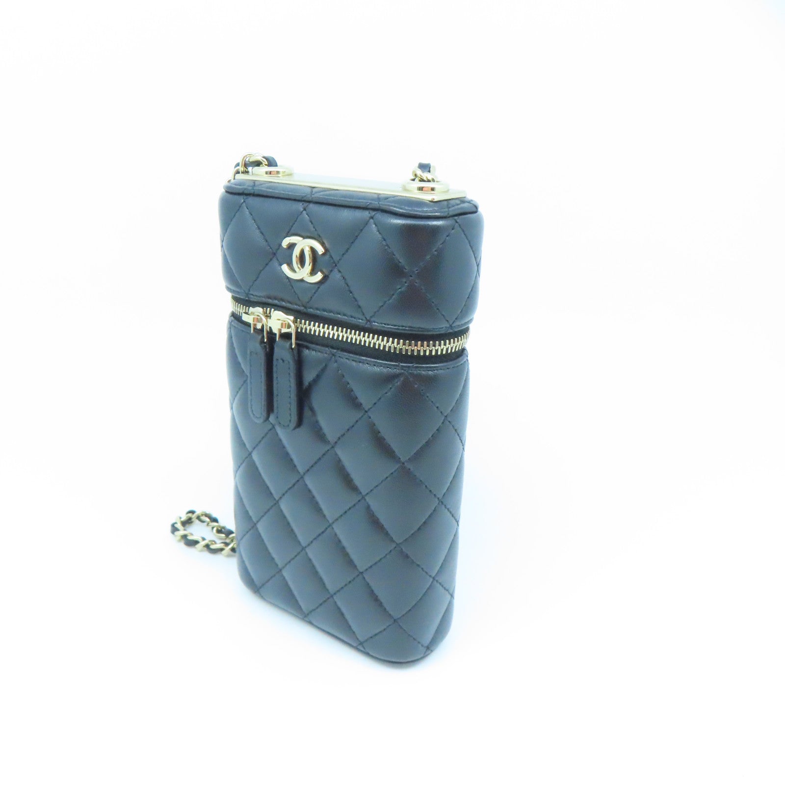 CHANEL 菱格羊皮皮革Chain Shoulder Bag金扣鏈帶肩背袋黑色
