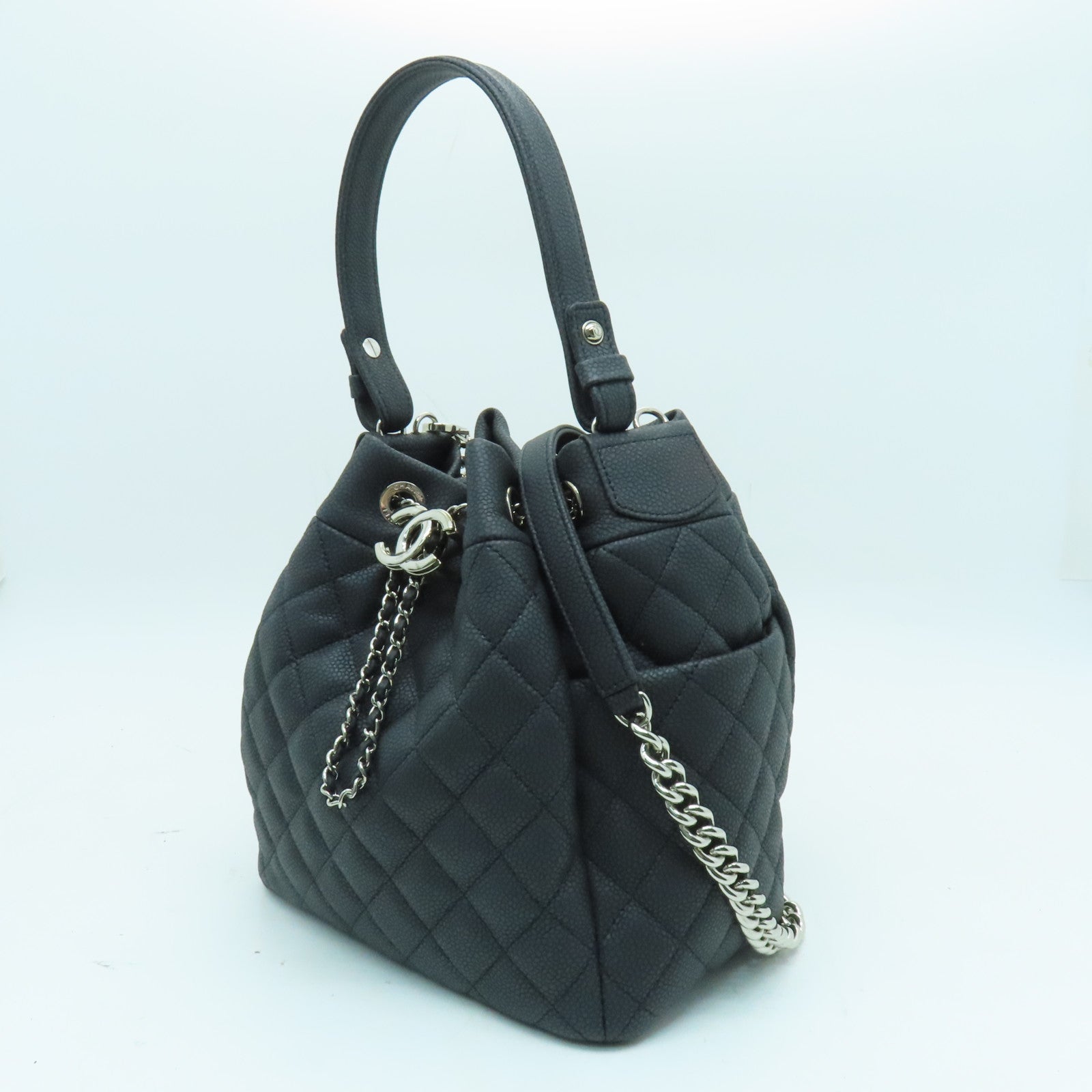 CHANEL 菱格牛皮皮革Chain Shoulder Bag銀扣鏈帶肩背袋灰色