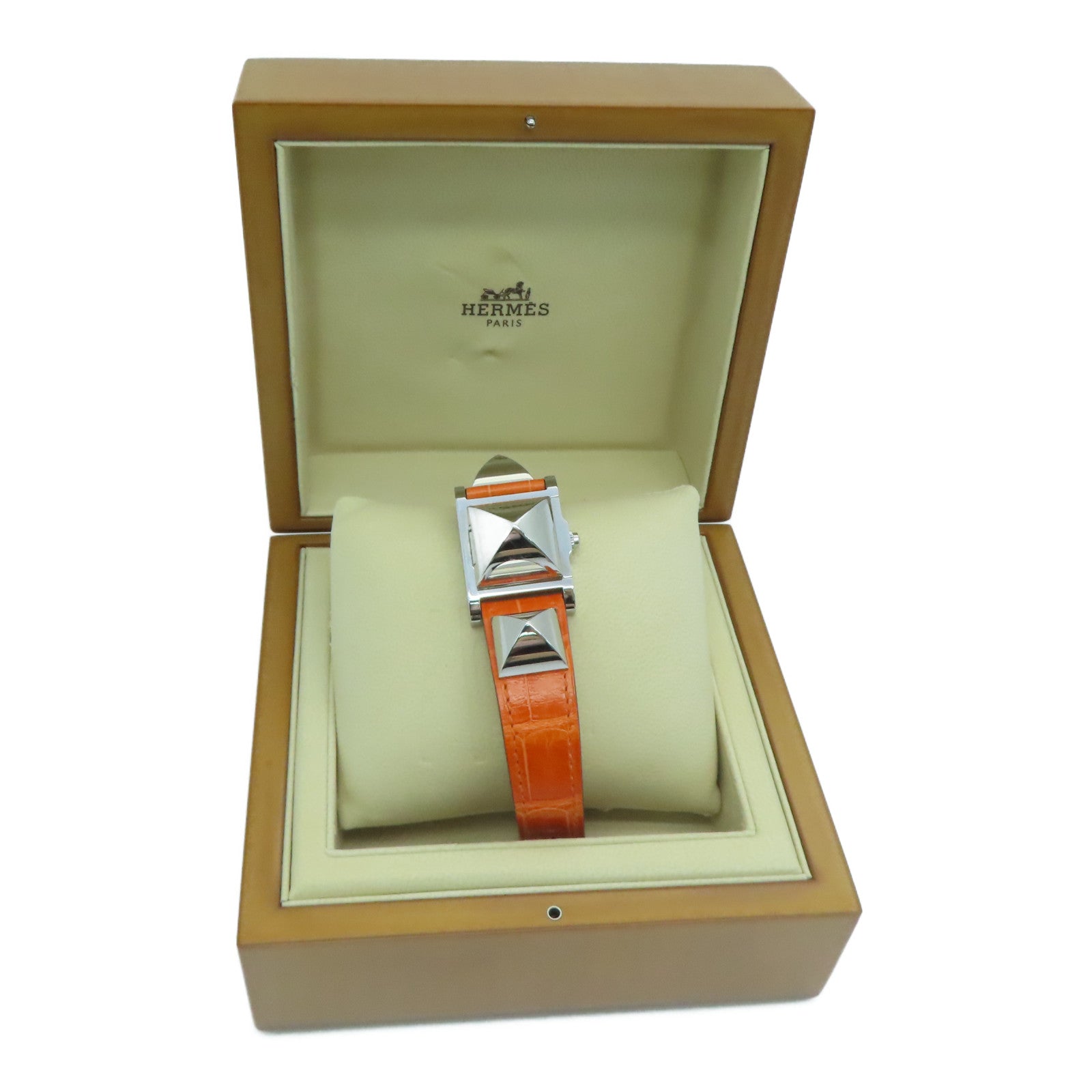 HERMES [Sharp Discount] Medor Stainless Steel/Alligator Leather Watch Quartz Movement Beige
