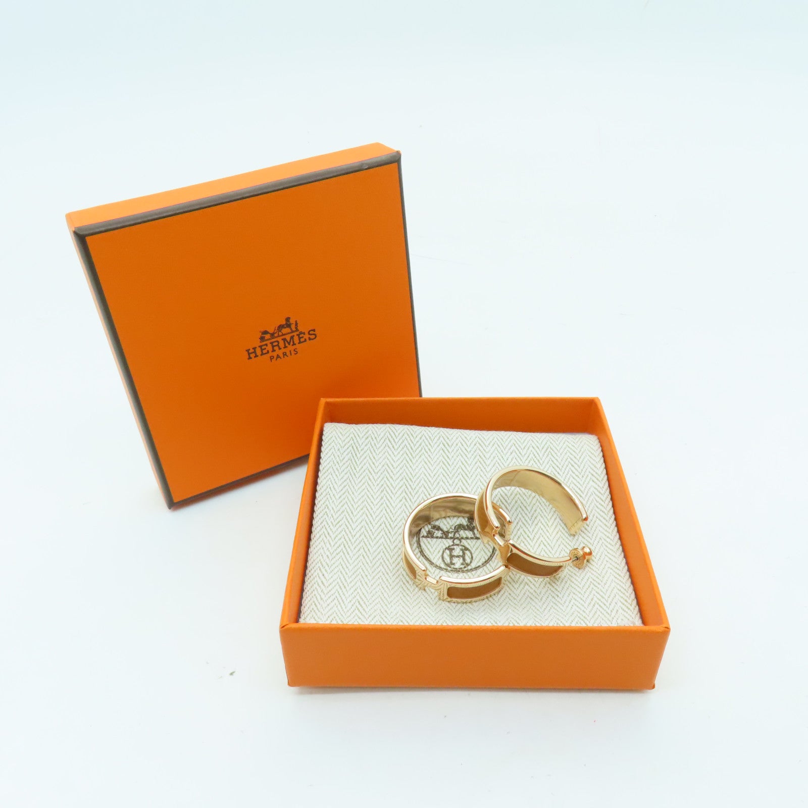 HERMES Epsom Leather/Metal Olympe Earring Gold Buckle Brown/Gold
