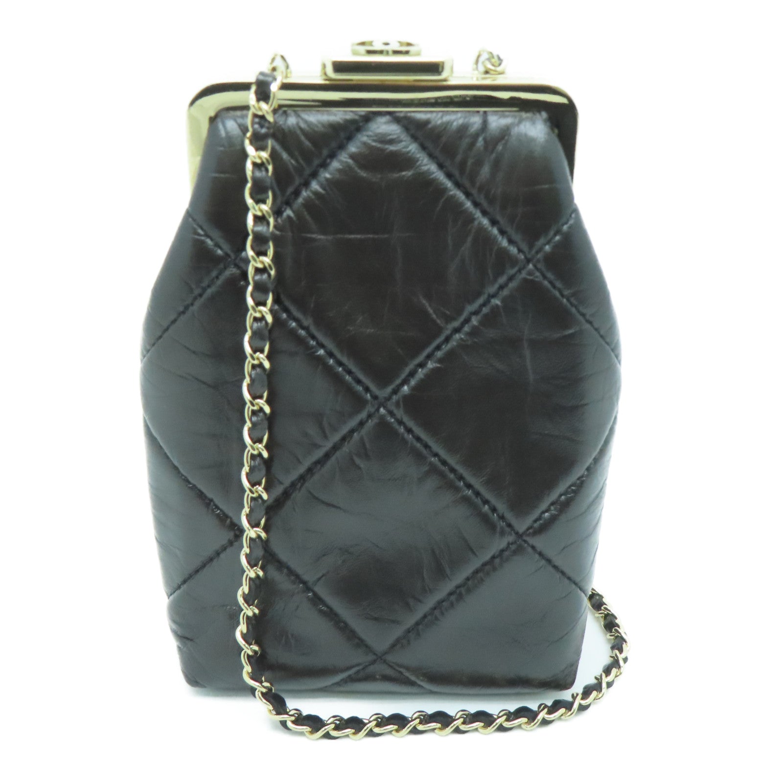 CHANEL rhombic cowhide leather Chain Shoulder Bag gold buckle chain shoulder bag black
