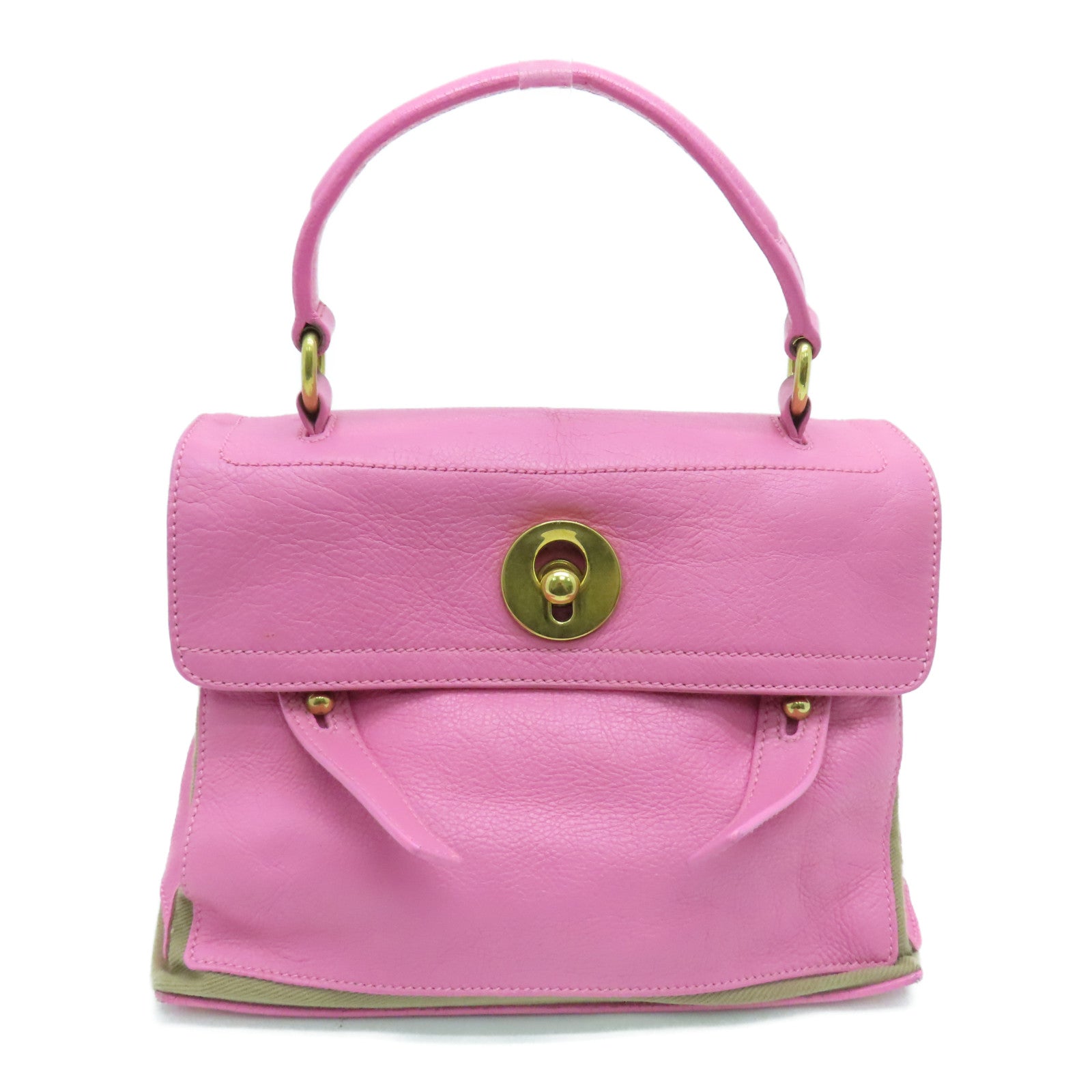 YVES SAINT LAURENT 皮革/帆布Handbag金扣手挽袋粉红色