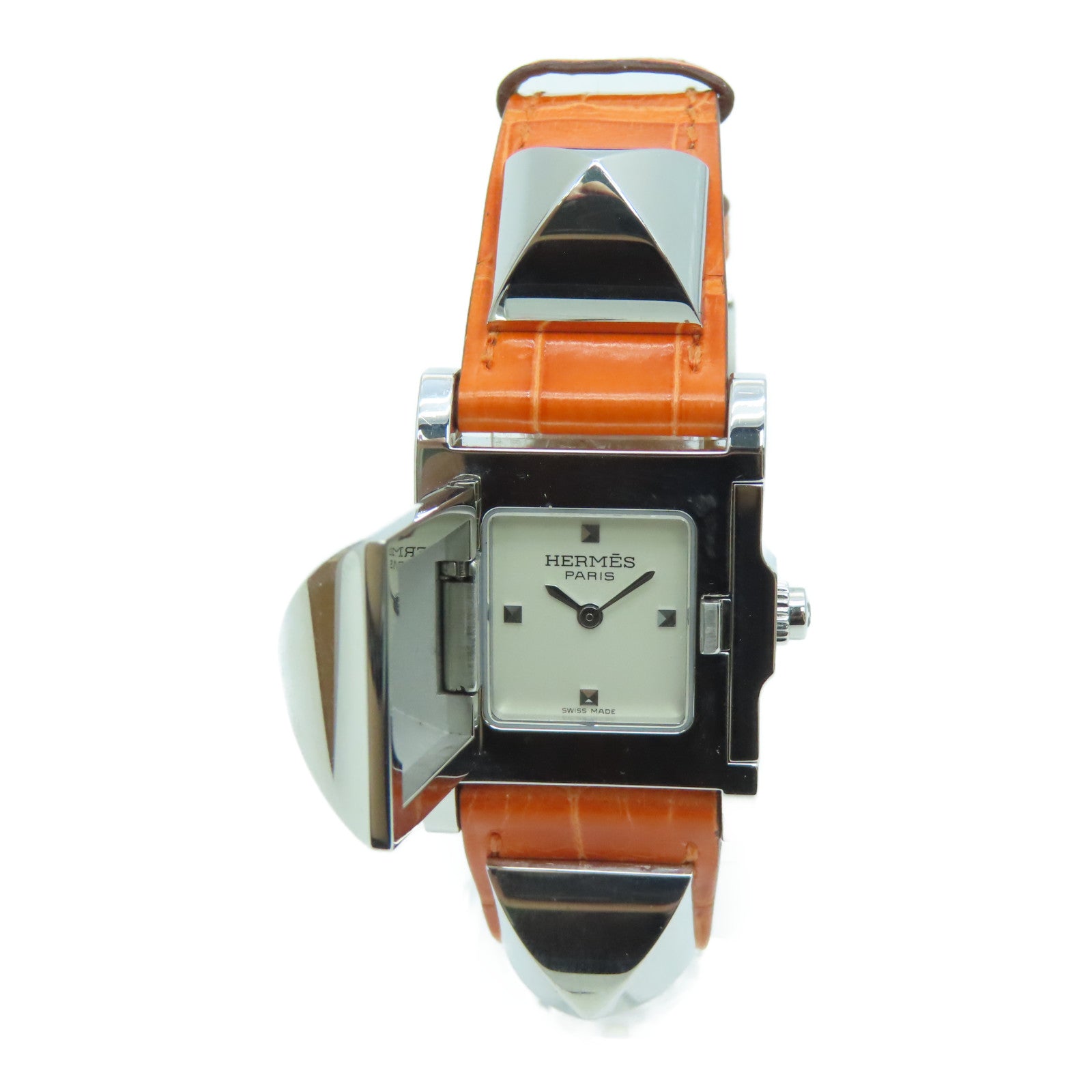 HERMES [Sharp Discount] Medor Stainless Steel/Alligator Leather Watch Quartz Movement Beige