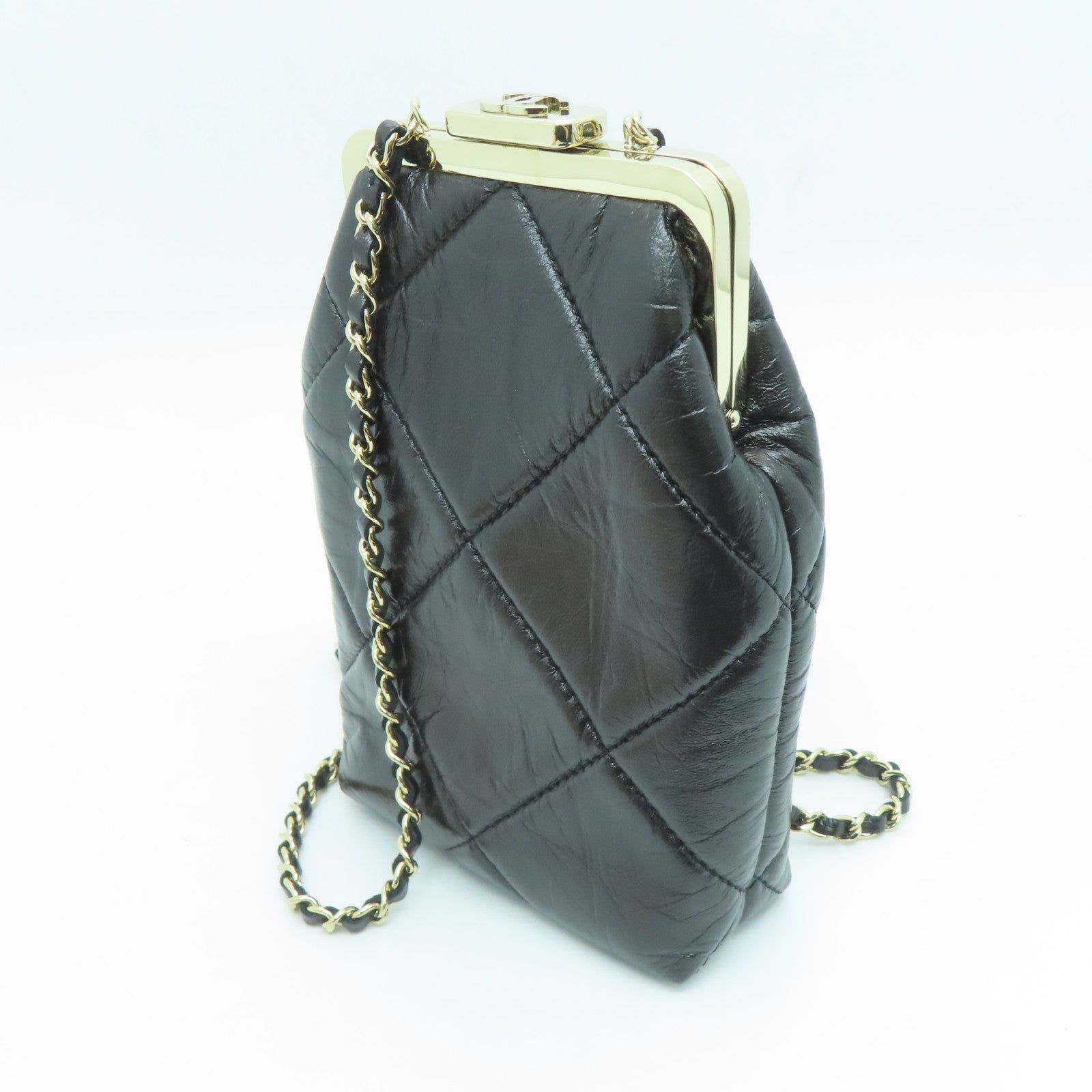 CHANEL rhombic cowhide leather Chain Shoulder Bag gold buckle chain shoulder bag black
