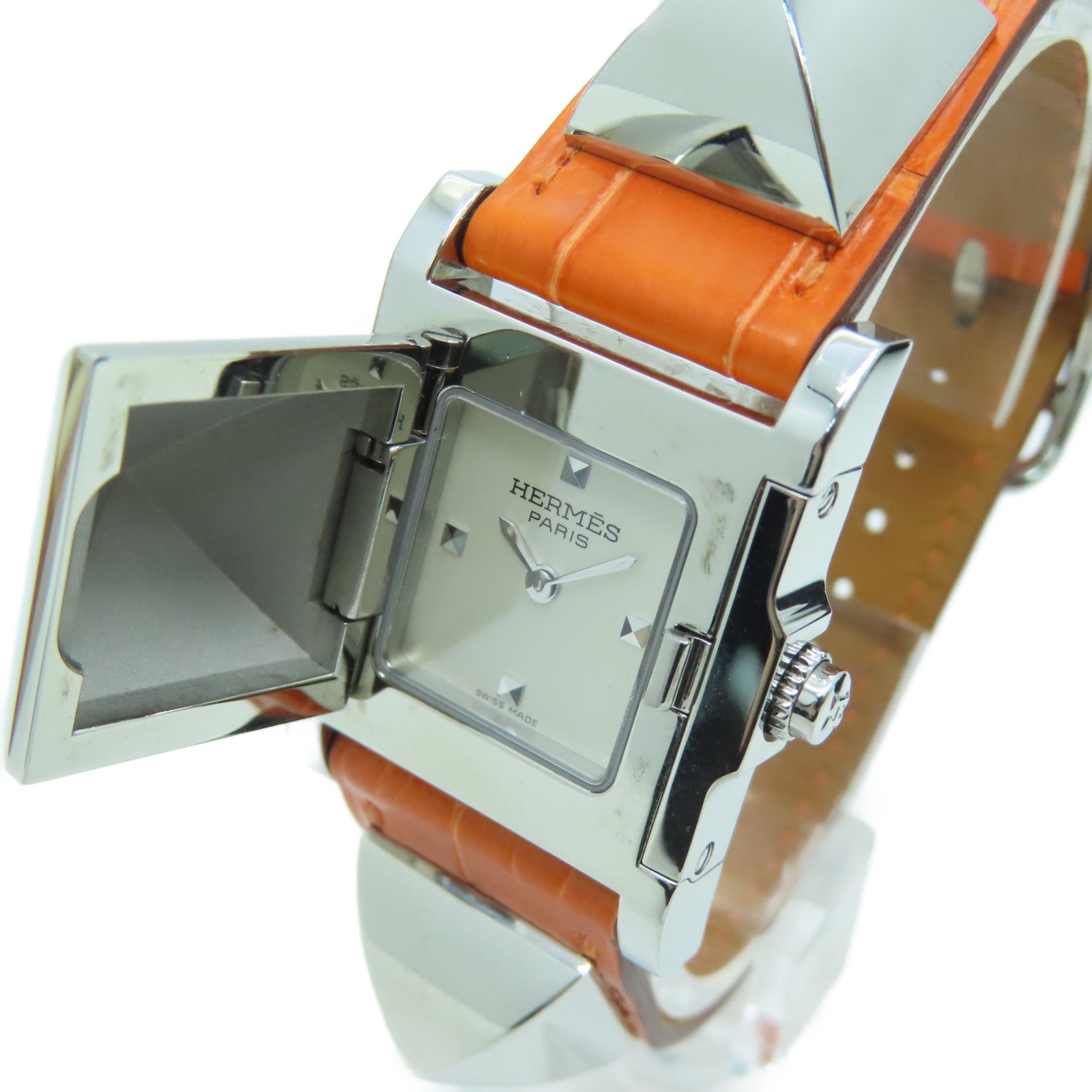 HERMES [Sharp Discount] Medor Stainless Steel/Alligator Leather Watch Quartz Movement Beige
