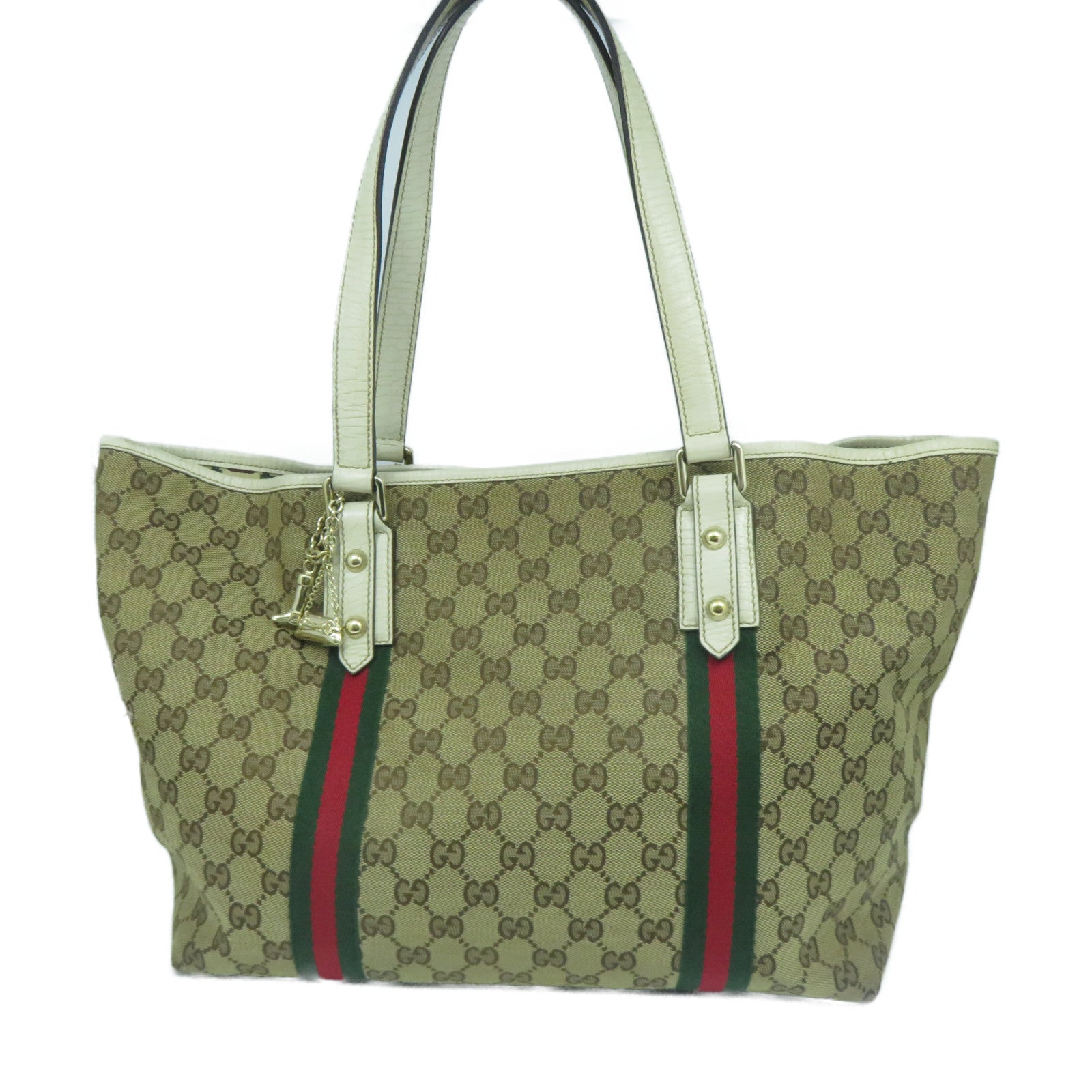 GUCCI 帆布Tote Bag金扣手挽袋白色/啡色