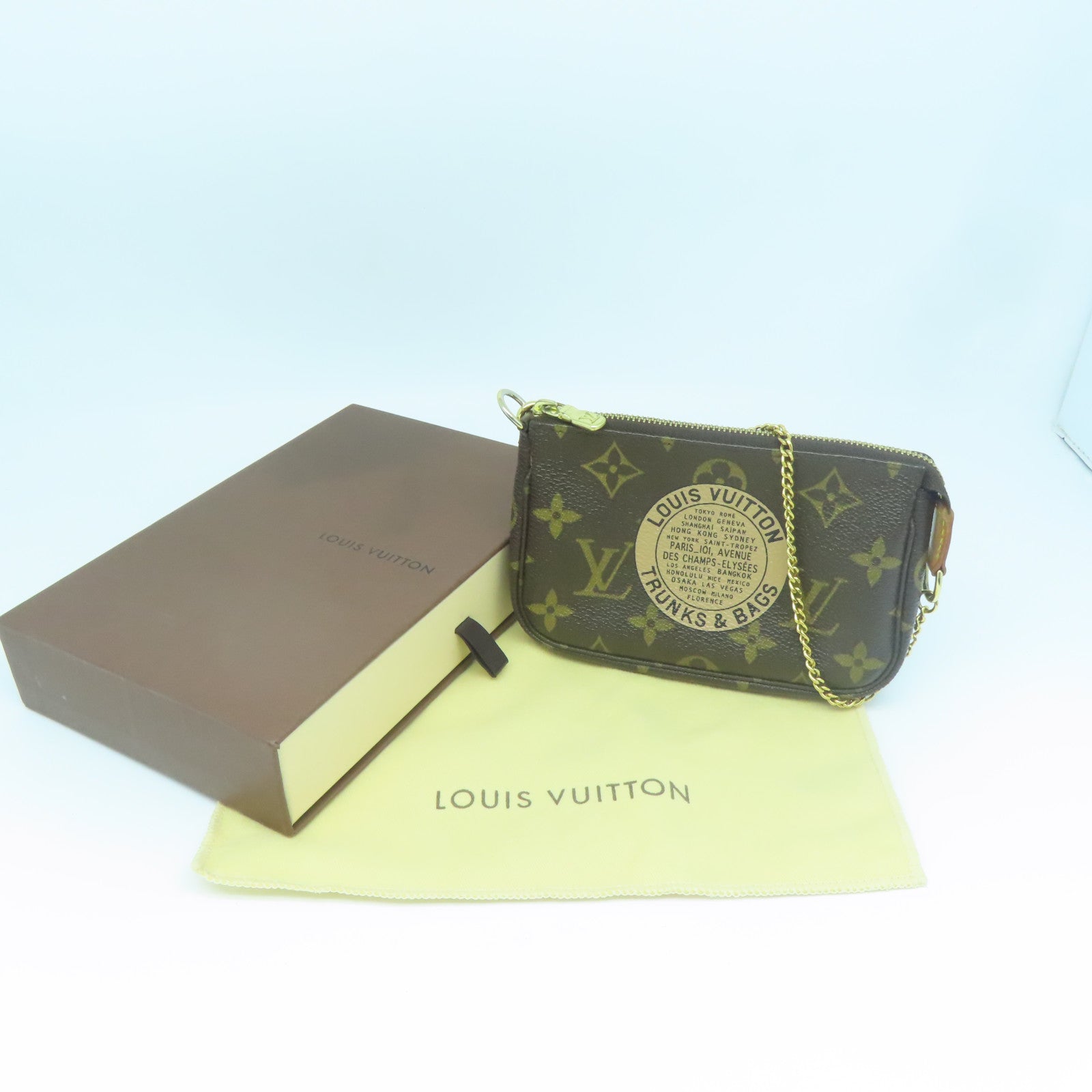 LOUIS VUITTON Monogram Pochette Accessories金扣鏈帶肩背袋啡色
