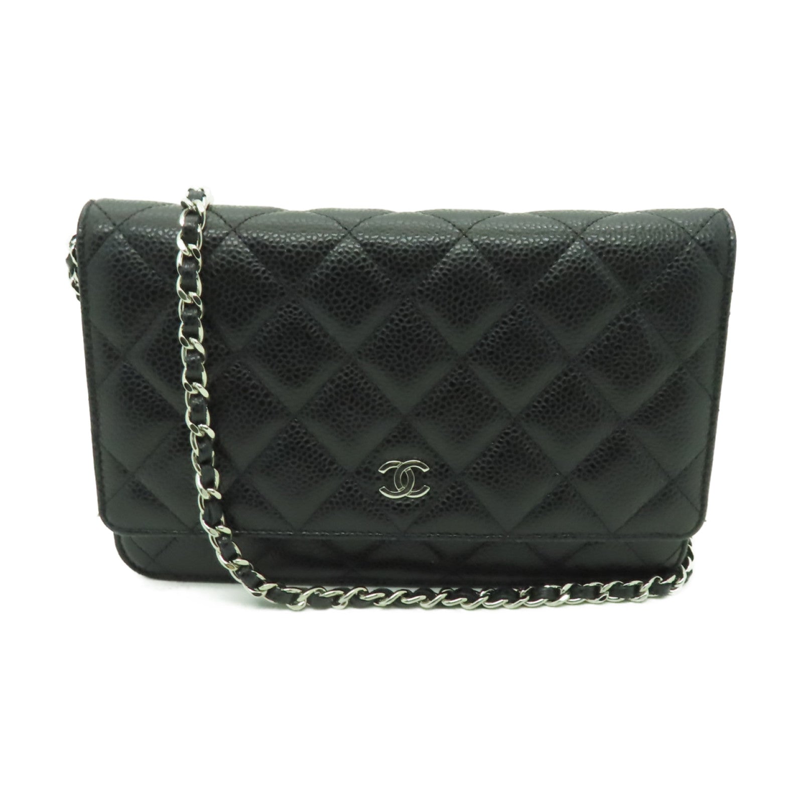 CHANEL 菱格Caviar皮革WOC銀扣鏈帶肩背袋黑色