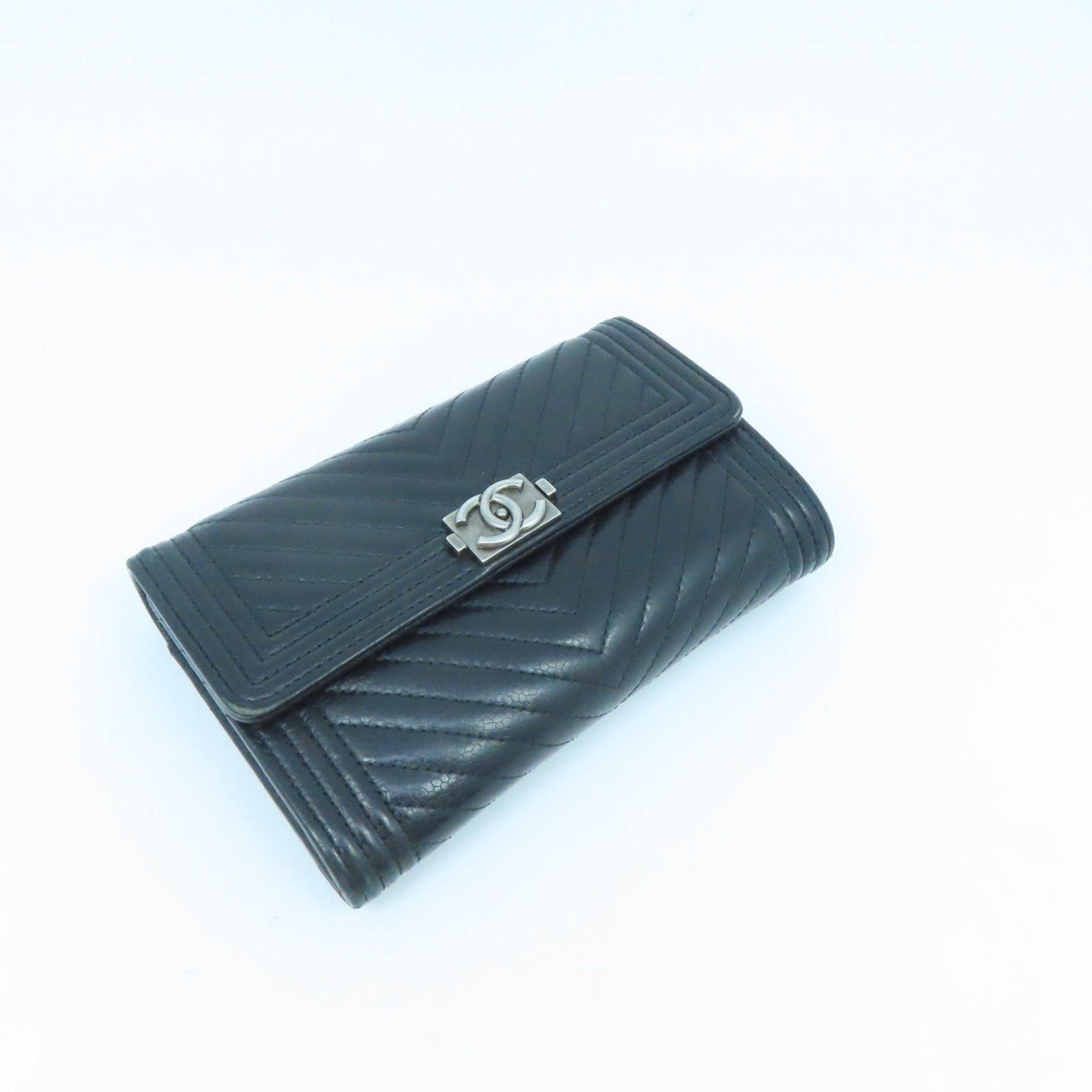 CHANEL Twill Caviar Leather Boy Chanel Wallet Silver Buckle Long Wallet Black