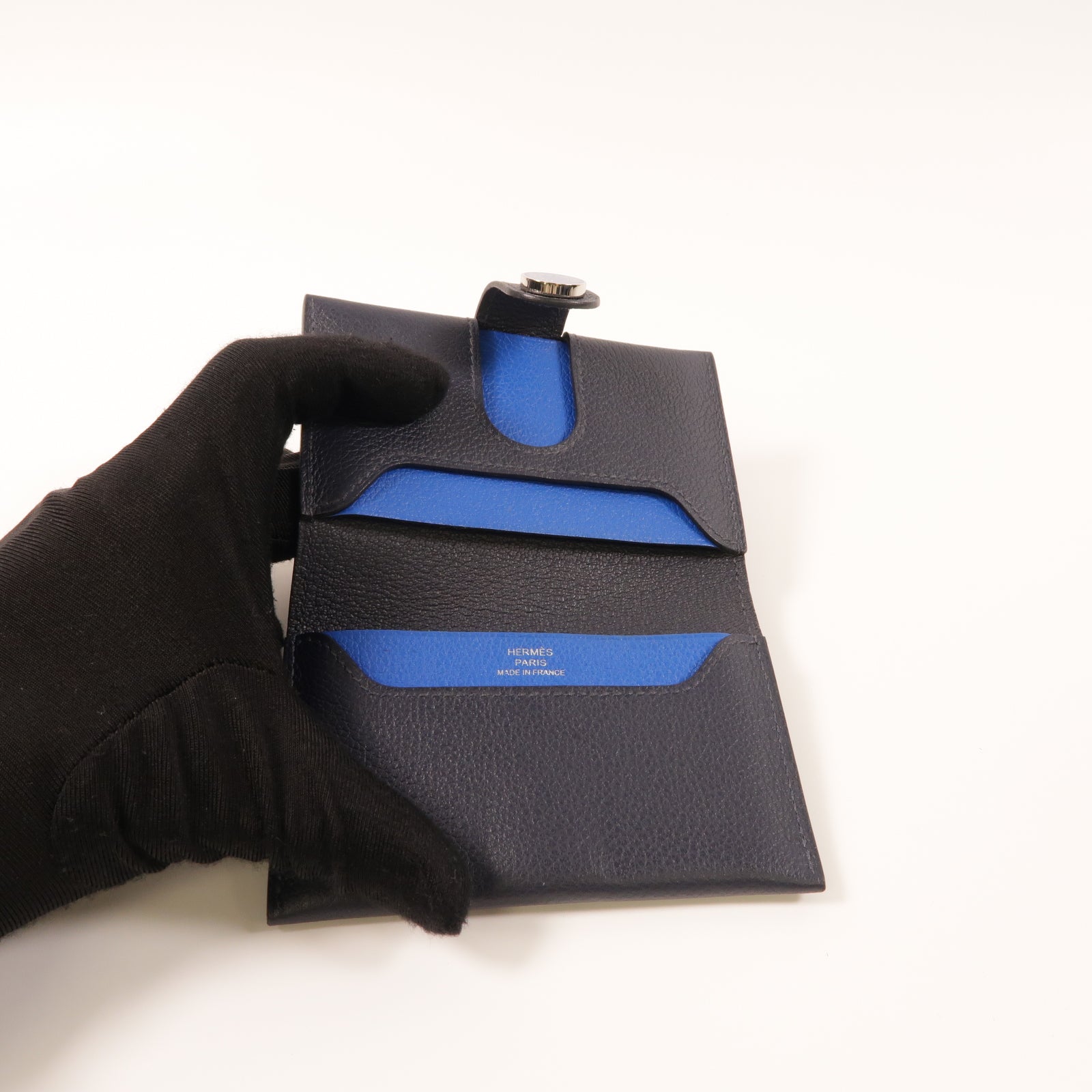 HERMES Evercolor皮革R M S Card Holder銀扣卡片套深藍色
