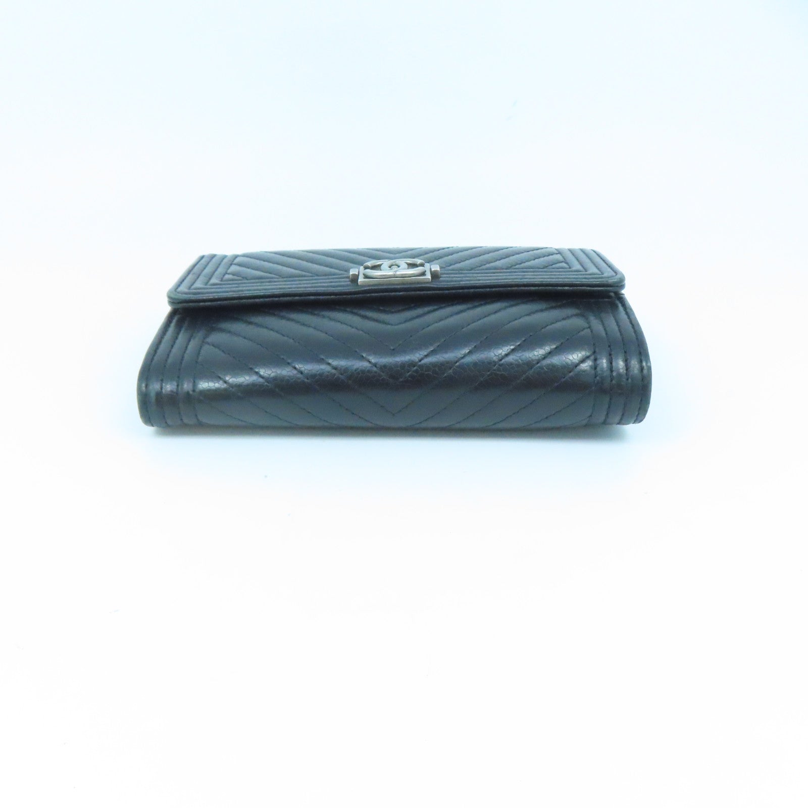 CHANEL Twill Caviar Leather Boy Chanel Wallet Silver Buckle Long Wallet Black