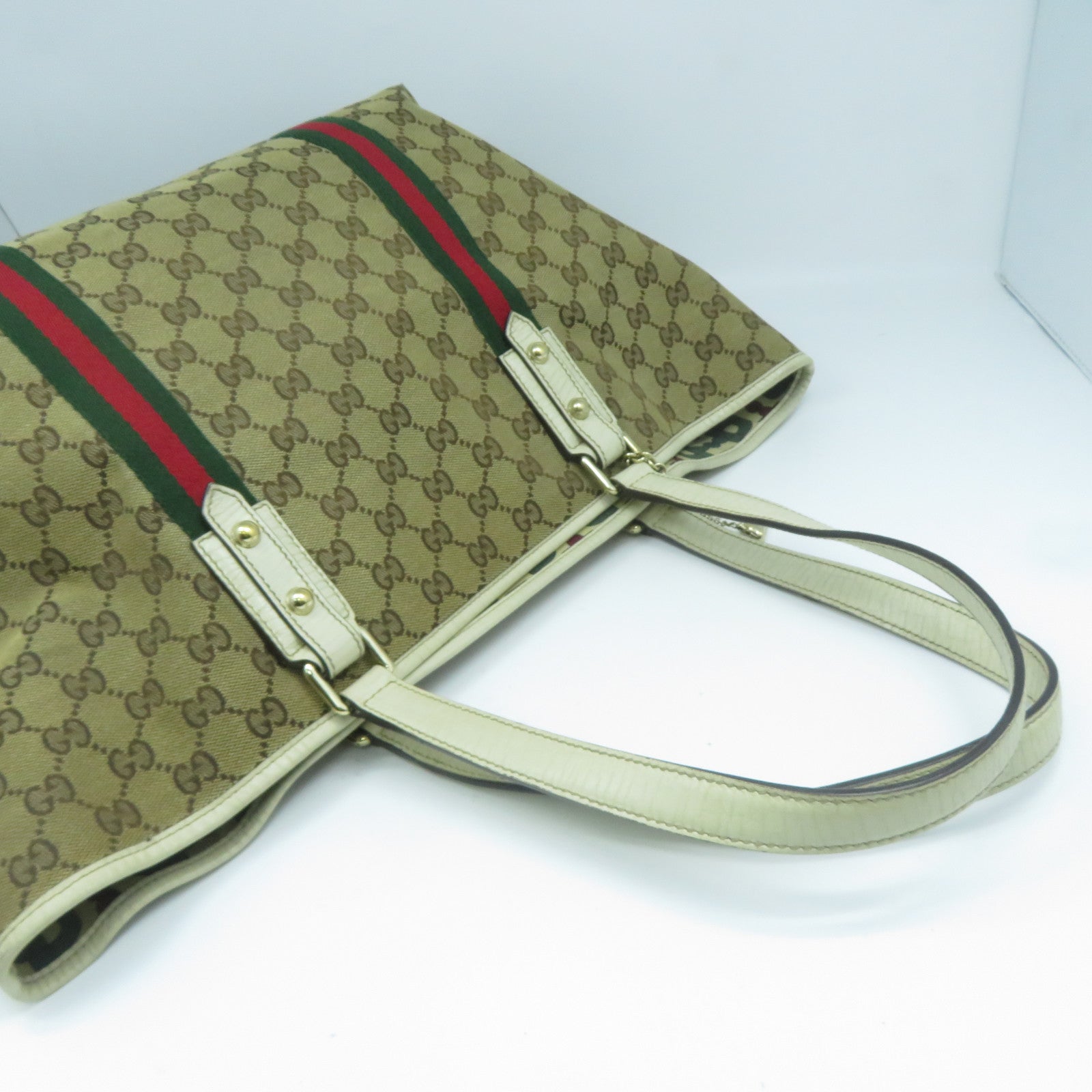 GUCCI 帆布Tote Bag金扣手挽袋白色/啡色
