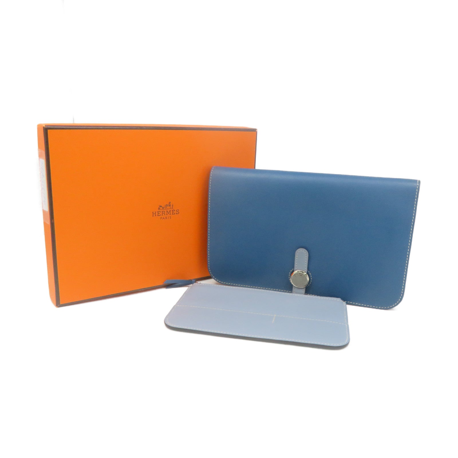 HERMES Swift皮革Dogon GM Long wallet銀扣長錢包Colvert藍色