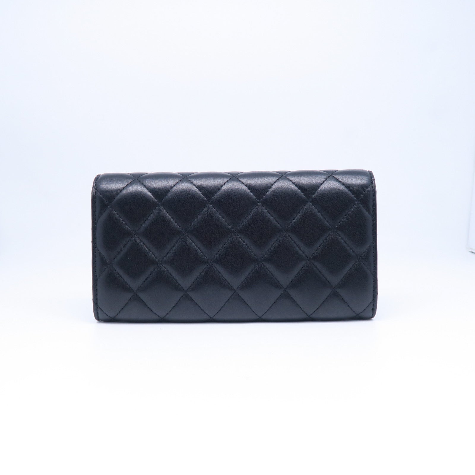 CHANEL 菱格羊皮皮革Long Wallet銀扣長錢包黑色