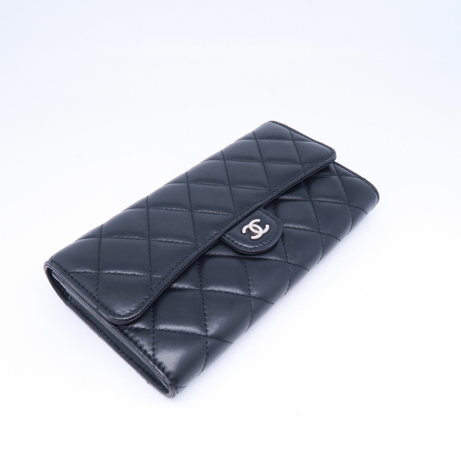 CHANEL 菱格羊皮皮革Long Wallet銀扣長錢包黑色