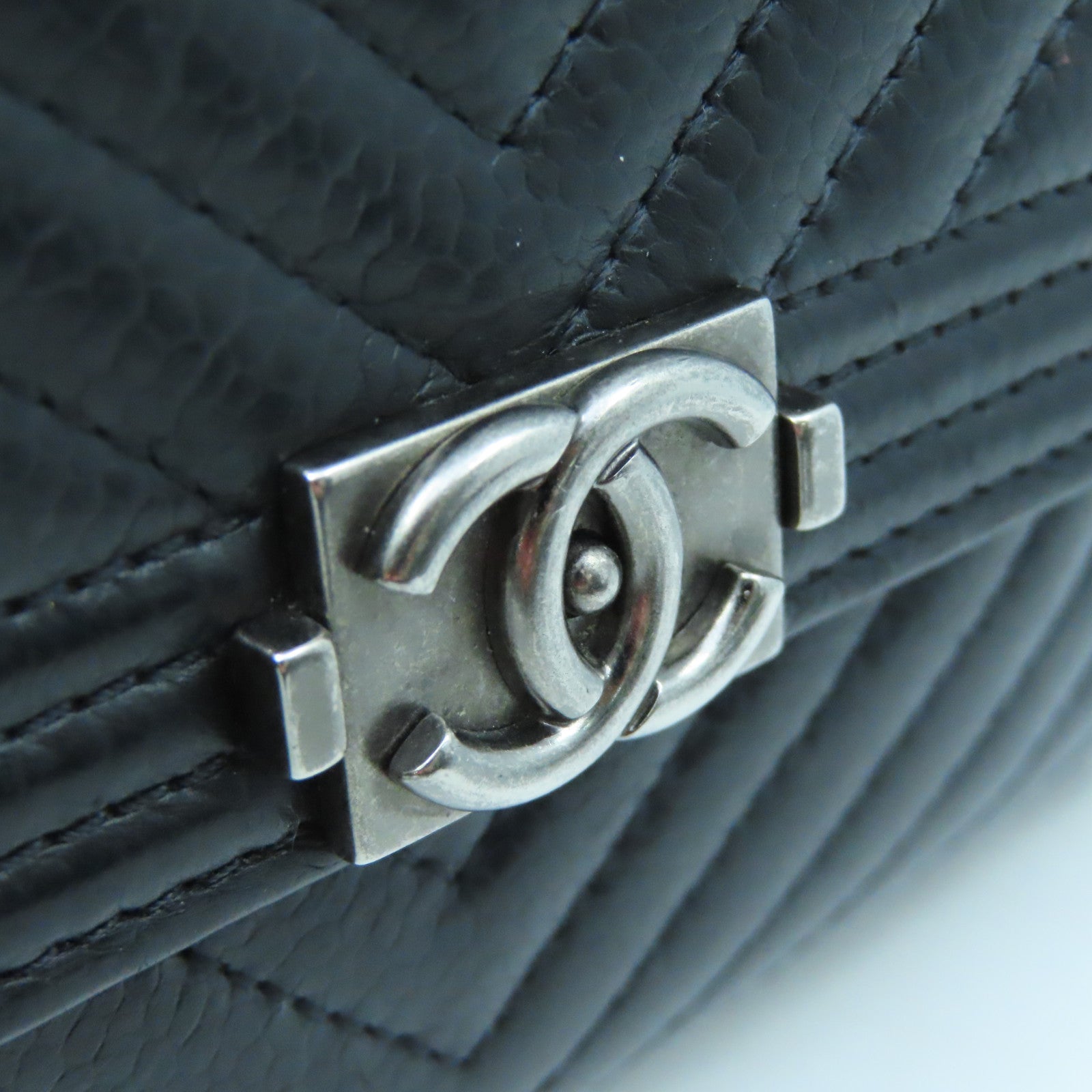 CHANEL Twill Caviar Leather Boy Chanel Wallet Silver Buckle Long Wallet Black