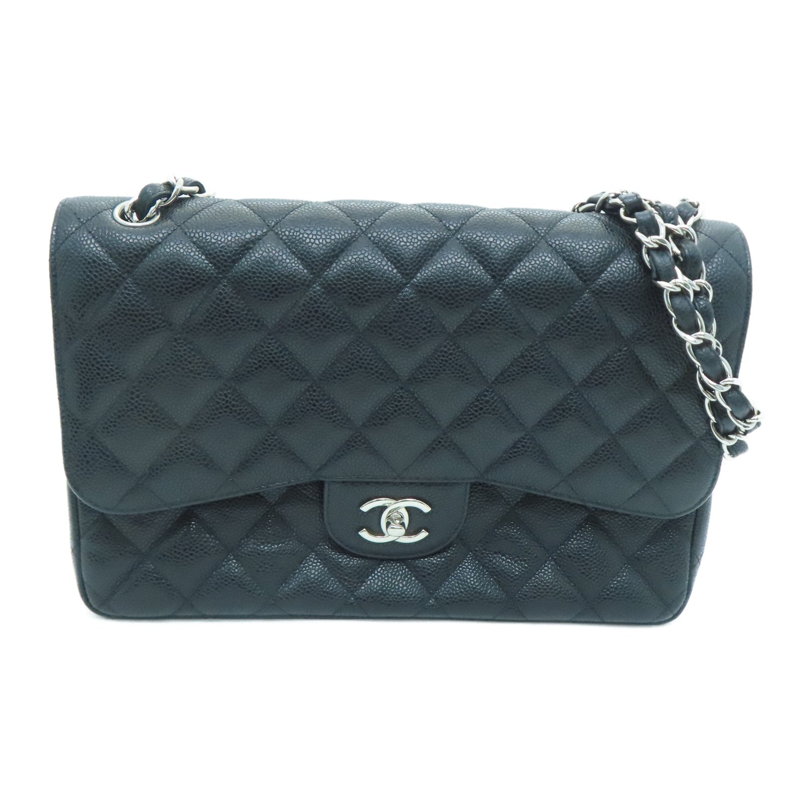 CHANEL 菱格Caviar皮革Classic Chain Shoulder Bag银扣链带肩背袋黑色