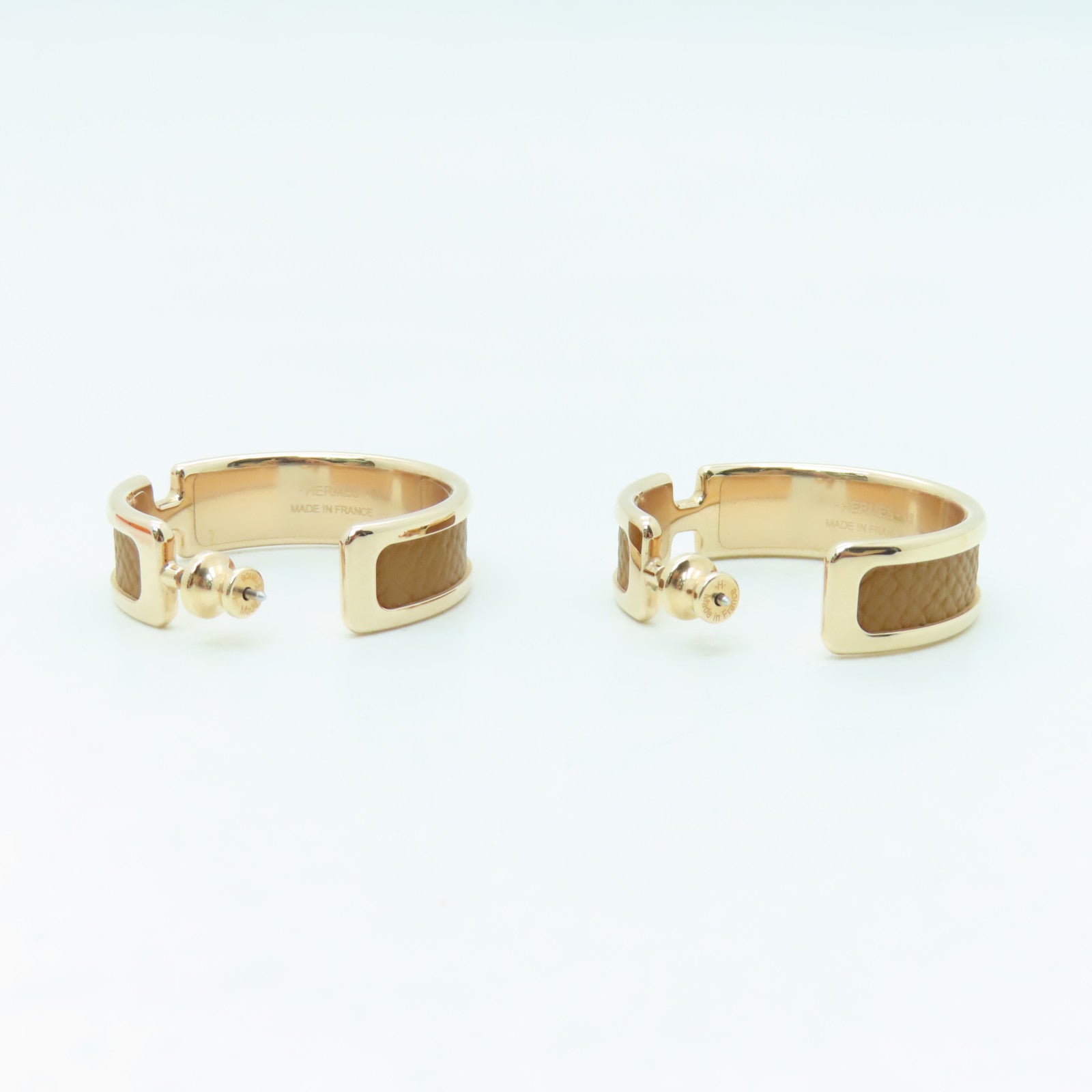 HERMES Epsom Leather/Metal Olympe Earring Gold Buckle Brown/Gold