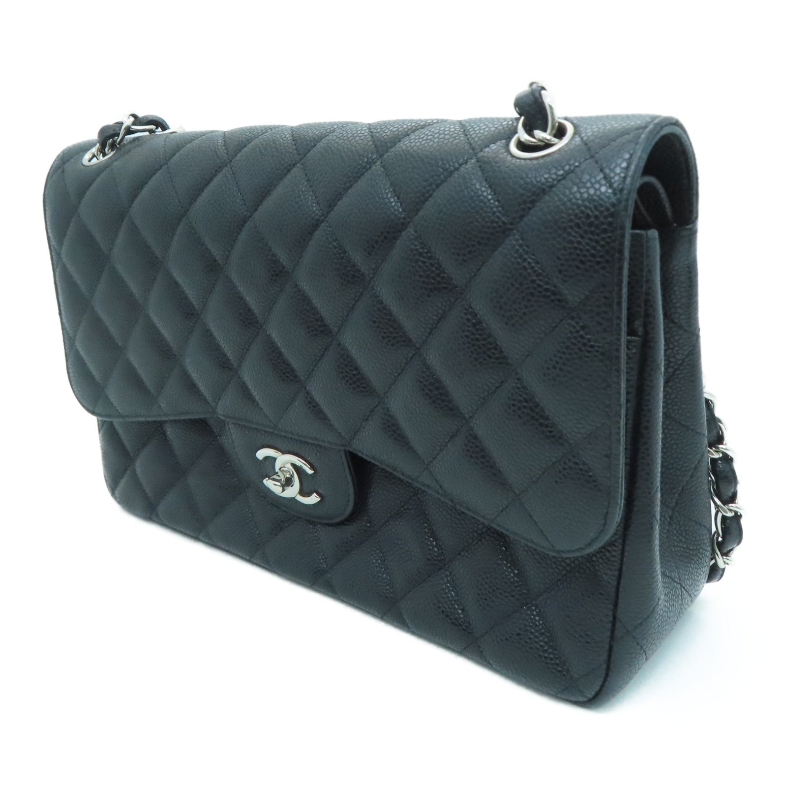 CHANEL 菱格Caviar皮革Classic Chain Shoulder Bag银扣链带肩背袋黑色