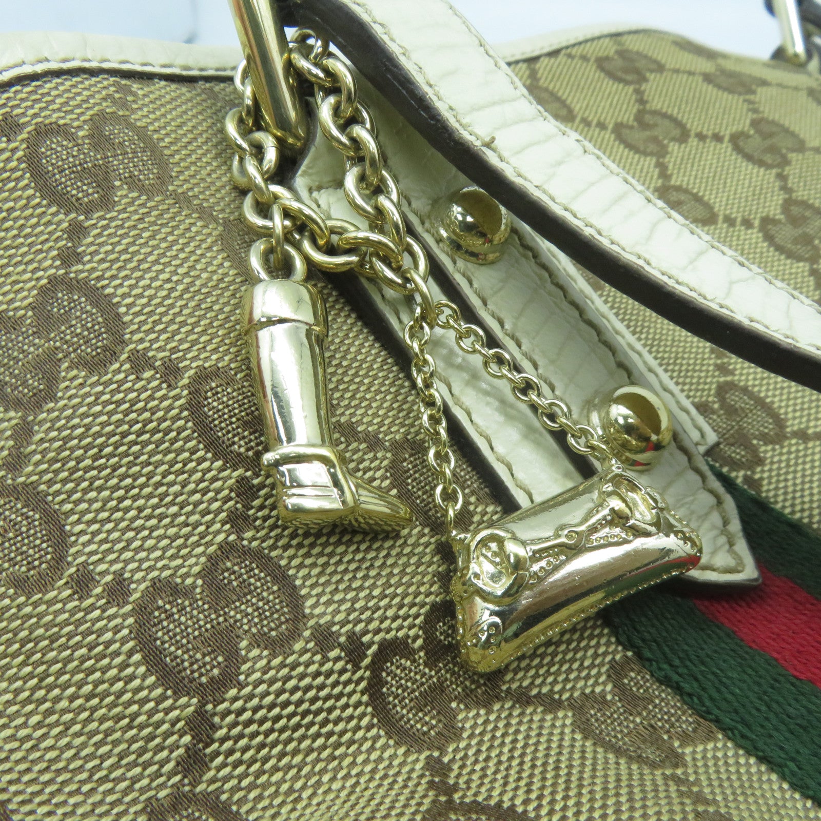 GUCCI 帆布Tote Bag金扣手挽袋白色/啡色