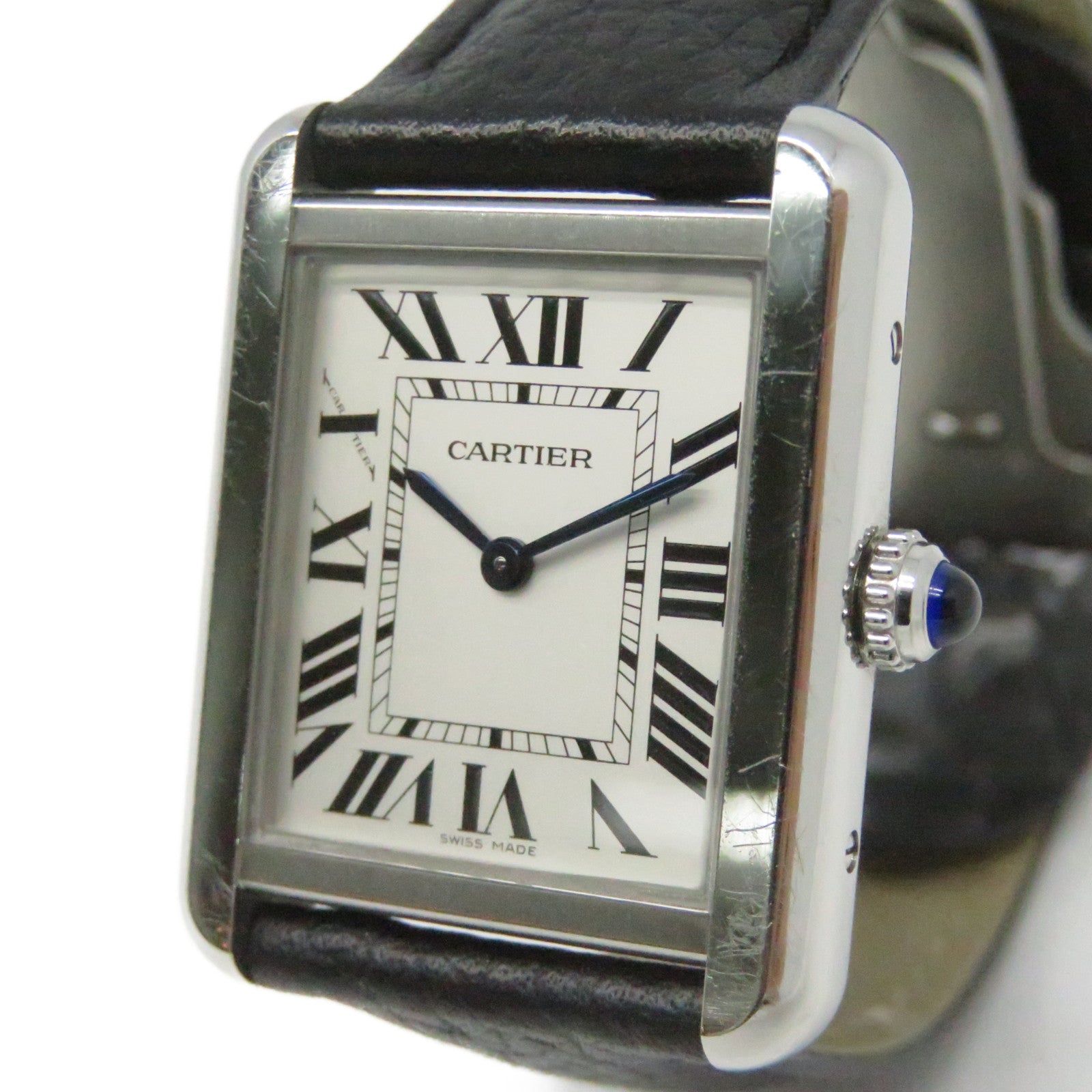 CARTIER Must Tank不鏽鋼皮革帶手錶石英機芯黑色