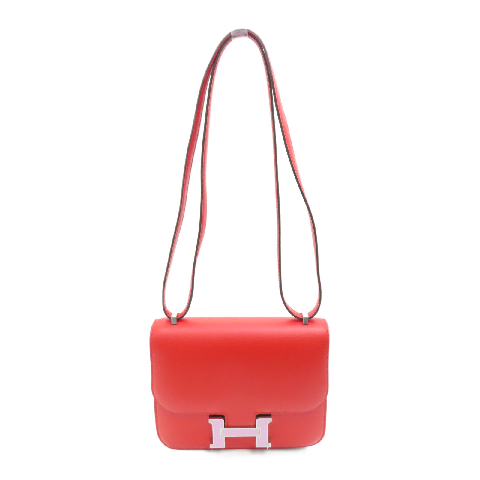 HERMES Epsom皮革Constance Mini银扣肩背袋爱心红/锦葵紫