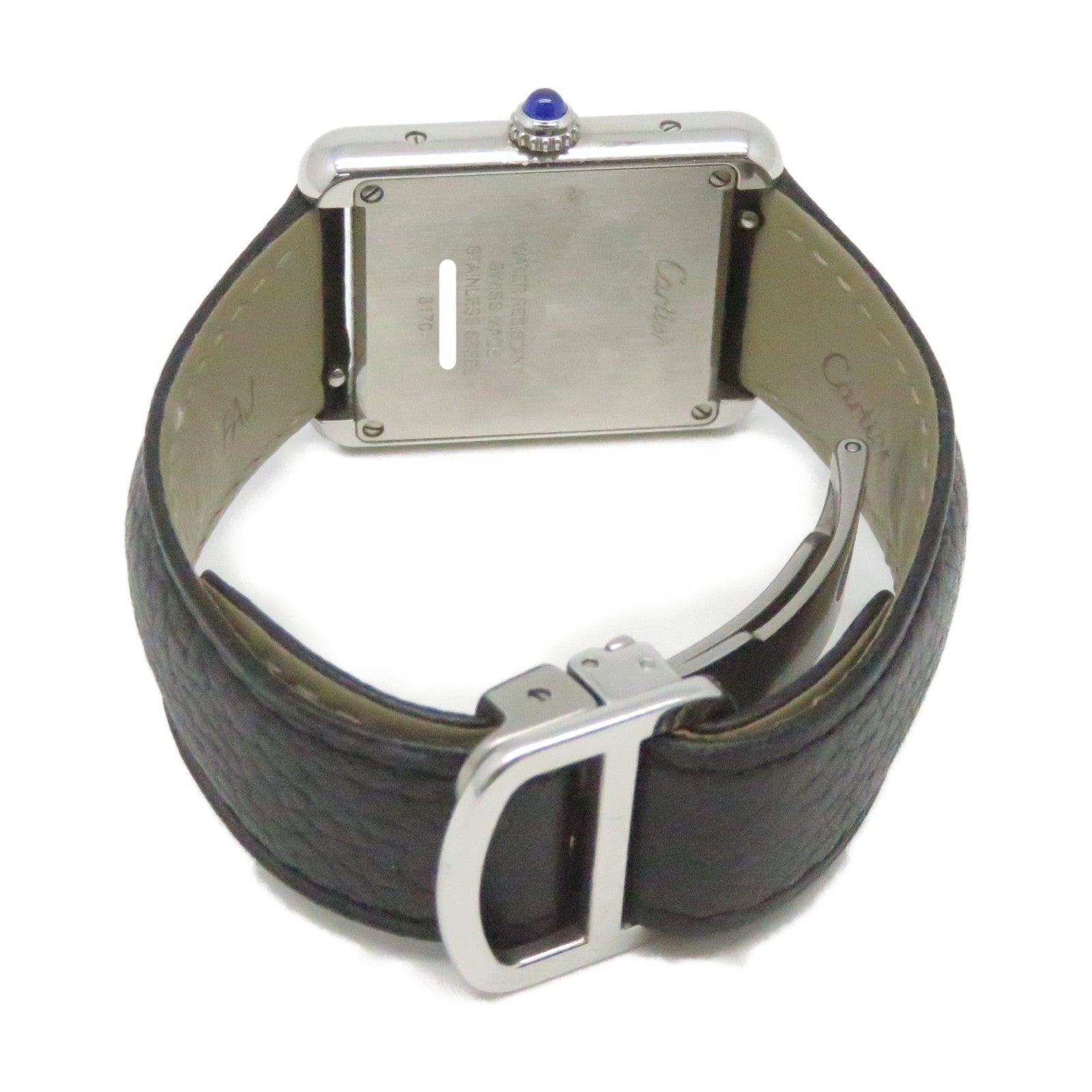 CARTIER Must Tank不鏽鋼皮革帶手錶石英機芯黑色