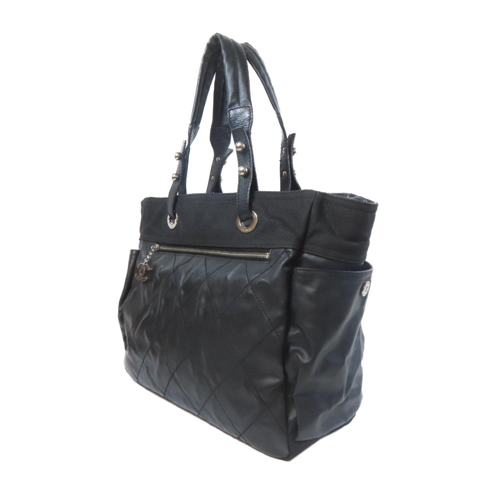 CHANEL 菱格帆布Hand Bag銀扣手挽袋黑色