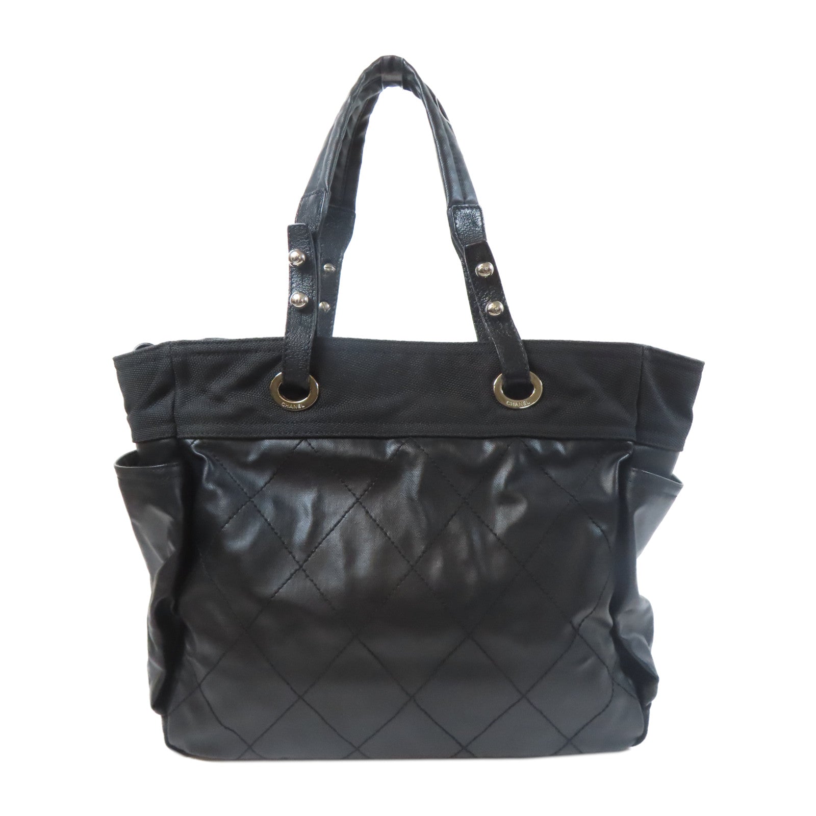 CHANEL 菱格帆布Hand Bag銀扣手挽袋黑色